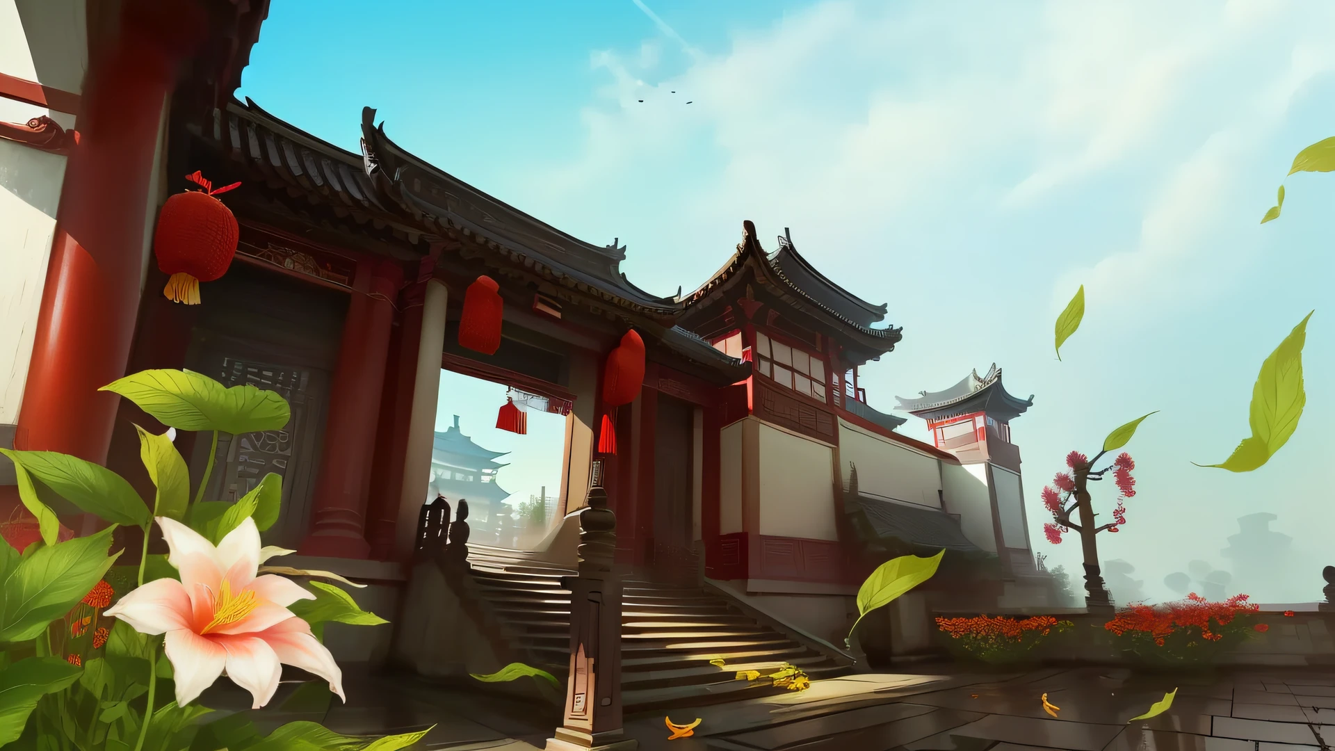 China-style，Ancient architecture，mansion，There are flowers in the doorway，Falling leaves，Steps