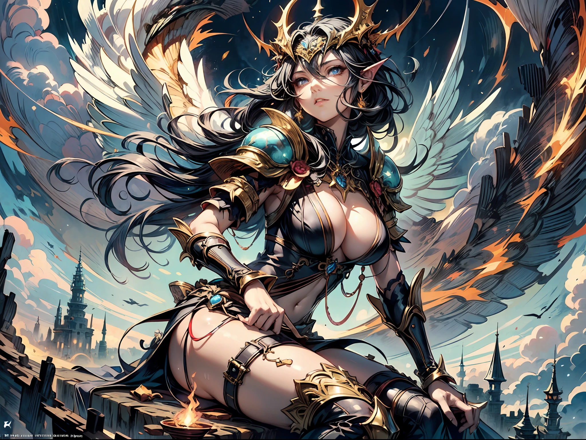 ((best quality)), ((masterpiece)), (detailed), realistic eyes, black hair, black leather outfit, armor, evil landscape, alluring female witch, BREAK ethereal beauty, sitting on a dead tree, (fantasy illustration:1.3), enchanting gaze, captivating pose,(girl focus:0.7), otherworldly charm, mystical sky, BREAK (Luis Royo:1.2), (Yoshitaka Amano:1.1), moonlit night, soft colors, (detailed cloudscape:1.3), (high-resolution:1.2) (dragon flying in the sky in the background), thong, BREAK legs dangling above lava, evil goddess, realistic, realism, sexy body, glowing torches, long leges, skinny sexy body, perfect exposed boobs, tattoos