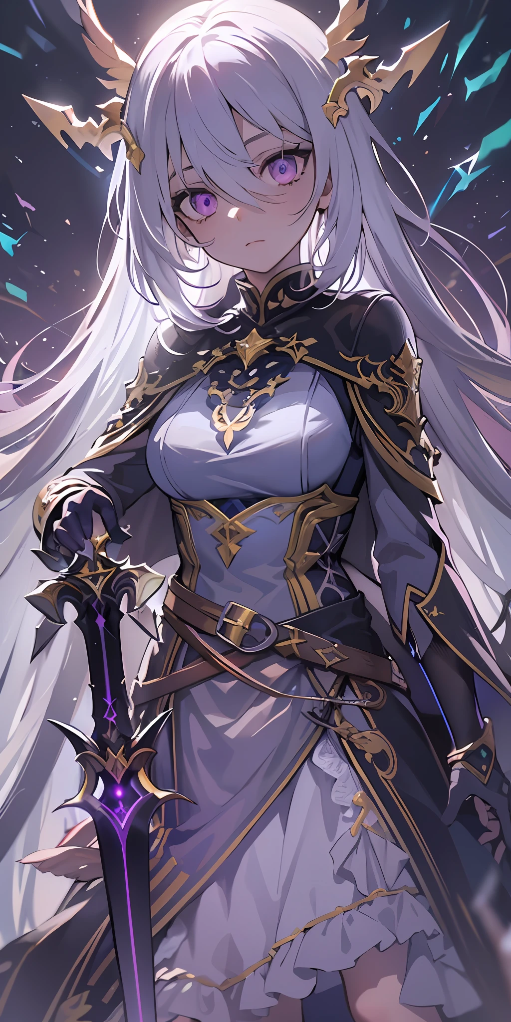 (masterpiece, best quality, ultra-detailed, best shadow), (detailed background,dark fantasy), (beautiful detailed face), high contrast, (best illumination, an extremely delicate and beautiful), ((cinematic light)), colorful, hyper detail, dramatic light, intricate details, (1girl, solo,white hair, sharp face,purple eyes, hair between eyes,dynamic angle), blood splatter, swirling black light around the character, depth of field,black light particles,(broken glass),magic circle, goddess armor, god, cute, wielding lightning sword, adult, looking front