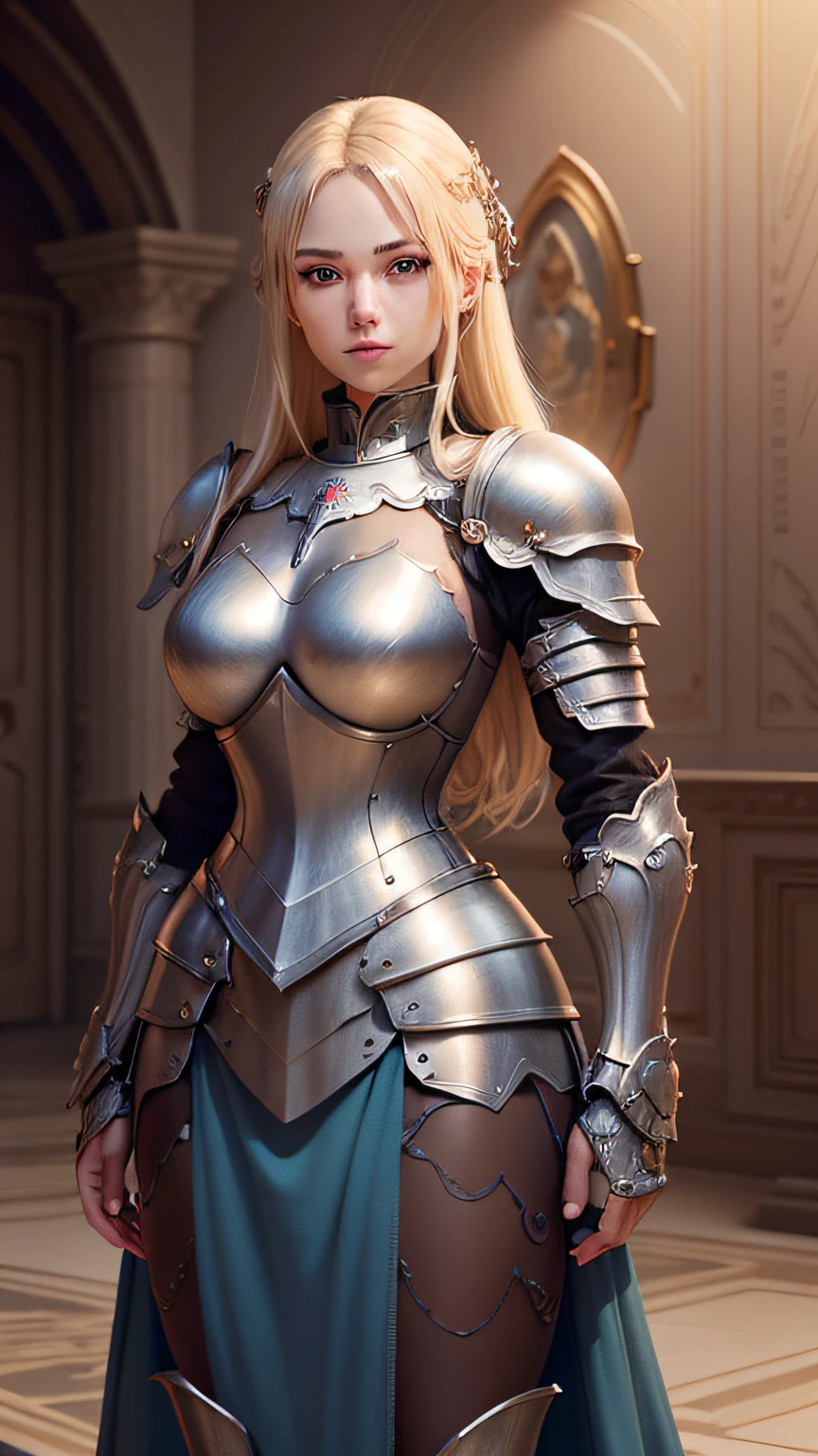 Blonde woman in armor poses for photos in the room, Stunning character art, girl in knight armor, 3 D rendering character art 8 K, of a beautiful female knight, 2. 5 D CGI anime fantasy artwork, Detailed digital anime art, beautiful female knight, photorealistic anime girl rendering, Extremely detailed Artgerm, Fanart Meilleure ArtStation