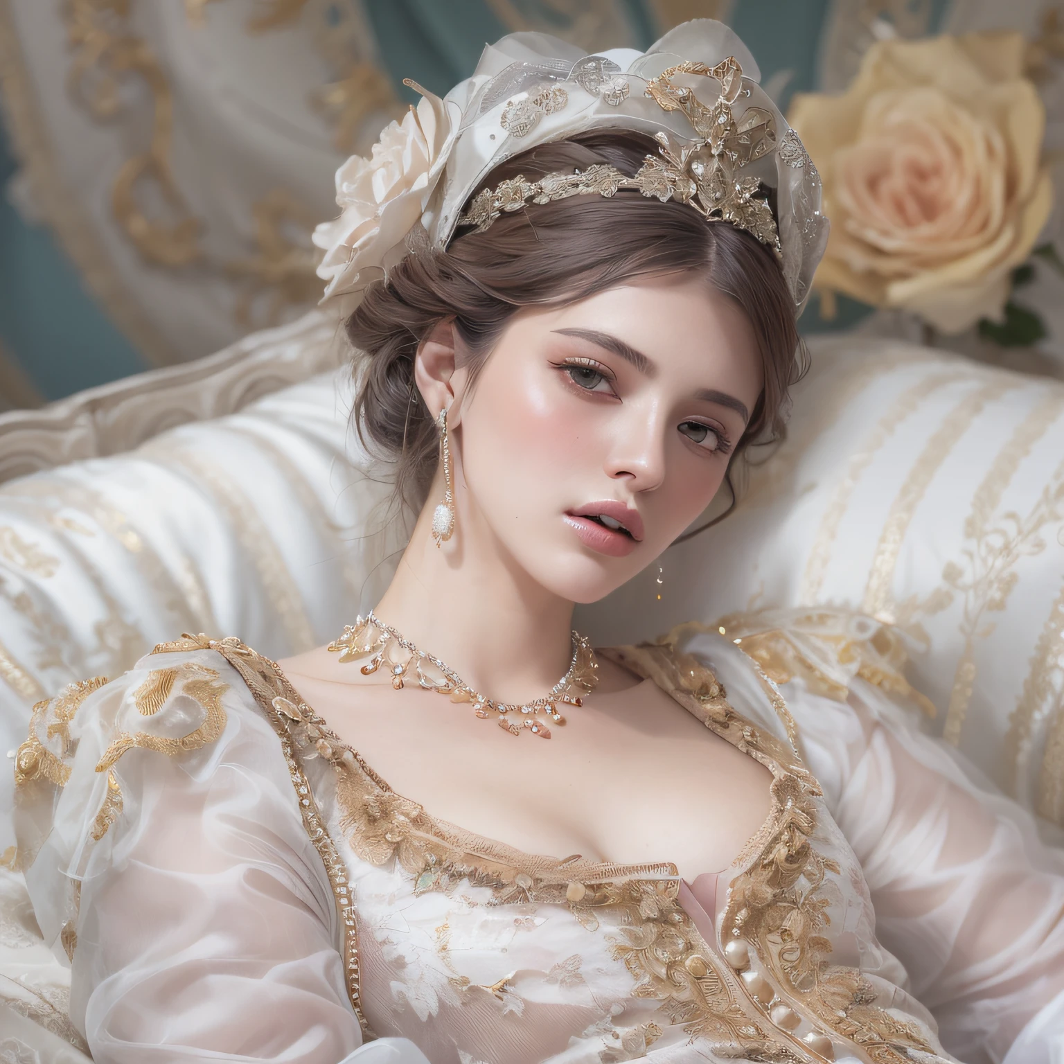 (((1 Grecian young female lying on a bed))), (((19 years old))), loveliness, large dark melting eyes, finely formed nose, coral lips, pearly teeth, black luxuriant masses hair, a pair of white satin trousers embroidered with pink roses, a blue and white-striped vest, long open sleeves with silver loops and buttons of pearls, deep V bodice to the centre to the waist, ivory throat and upper part of the bosom, wearing a small cap of gold-colored silk embroidered with pearls