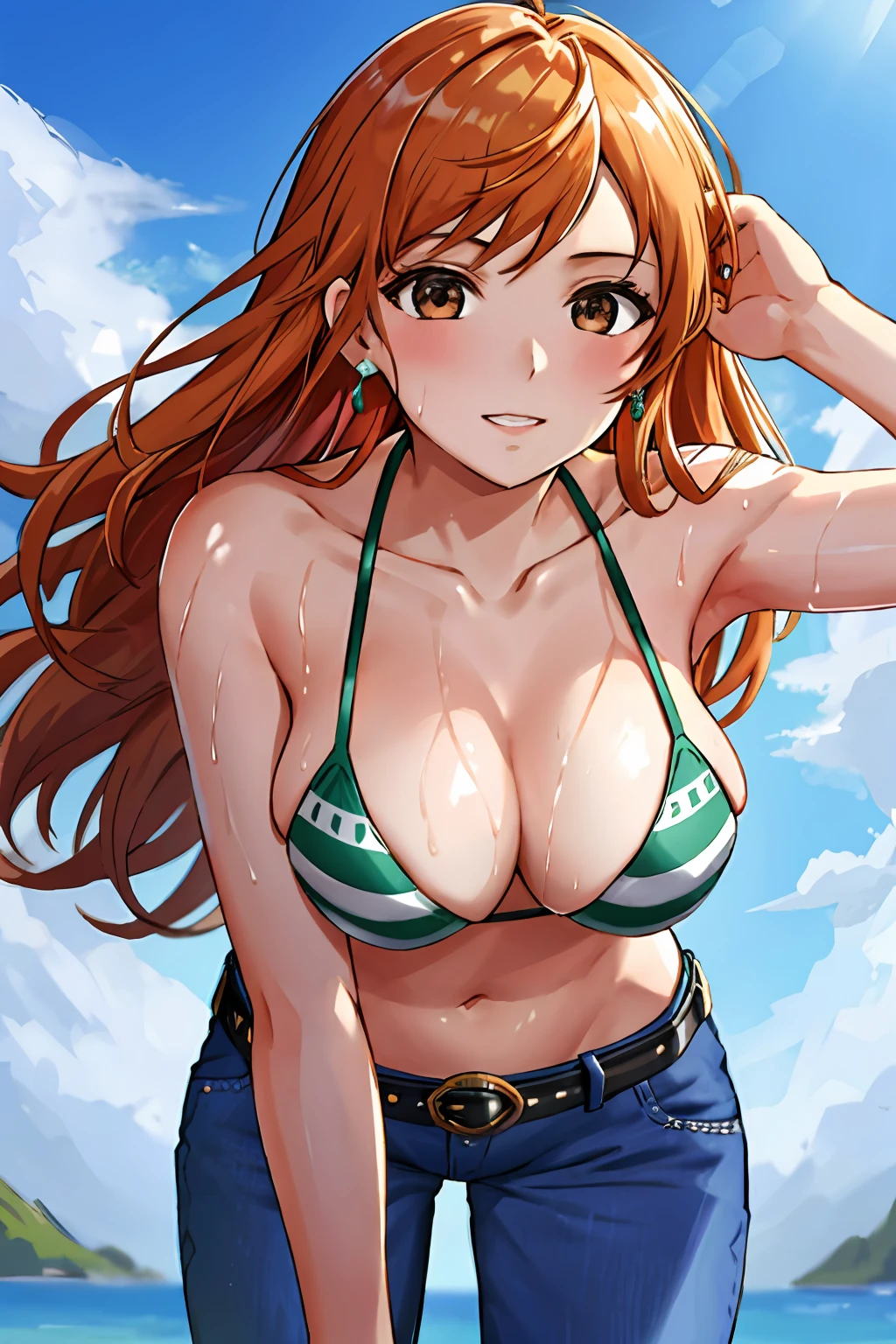 detailed background, masterpiece, 4k, best quality, late youth, adult, wrestler body, 1girl, active, energic, uppercut, (large mouth) , solo, nami \(one piece\), 1girl, bangle, (very wet, drenched in sweat, sweat all over body, very wet hair, tired, taking breath, open mouth, hand on stomach, sweaty face, sweaty body, panting, sweating too much, shiny sweat, sweat stains, leaning forward, tilting, hands on knees, waving good bye), perfect detailed face, bold drawing lines, muscular arms, detailed bold arm lines, flat jaw, adult woman, wavy wide streaked bangs, floating bang streaks, (big cheeks), bare shoulders, off-shoulders, belt, bikini, bikini top only, blue sky, bracelet, springy breasts, breast lines, big round eyes, plain big brown shiny eyes, bubbles, high eye position, cleavage, cloud, day, denim, earrings, floating hair, shiny hair, green belt, green bikini, bold groin lines, jeans, jewelry, large breasts, log pose, long hair, looking at viewer, navel, wet hair, orange hair, pants, shoulder tattoo, sidelocks, sky, solo, standing, stomach, swimsuit, tattoo , looking at viewer, open mouth, detailed left arm, big forehead, hourglass figure, small head, toned body, wide hair, wind effect, sun effect, under the sun, narrow small ears angle, older, random poses,