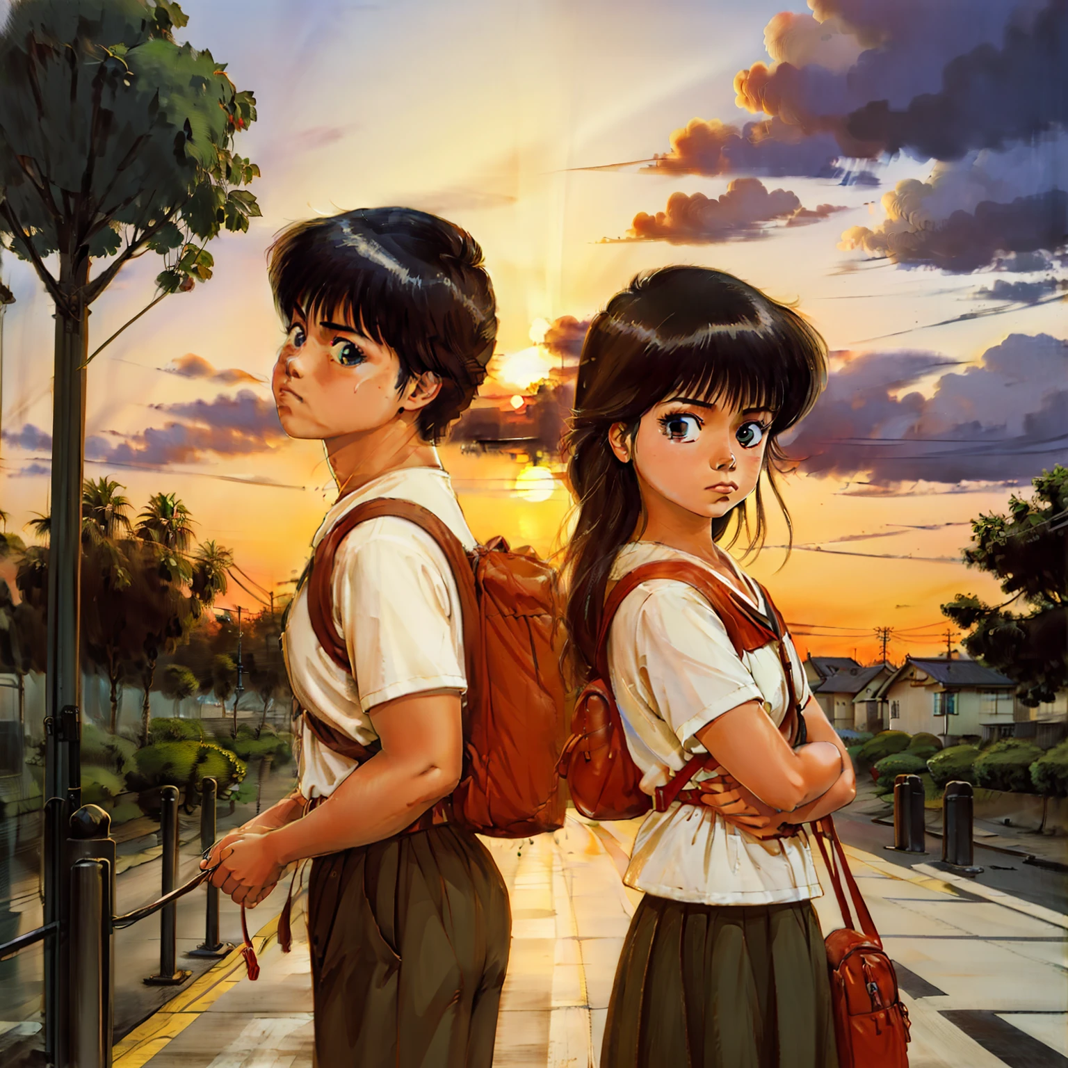 A serene sunset scene in a quiet suburban street of Tokyo. Two children, one boy and one girl, with school backpacks. They are wiping off the sweat from their brows due to the heat.