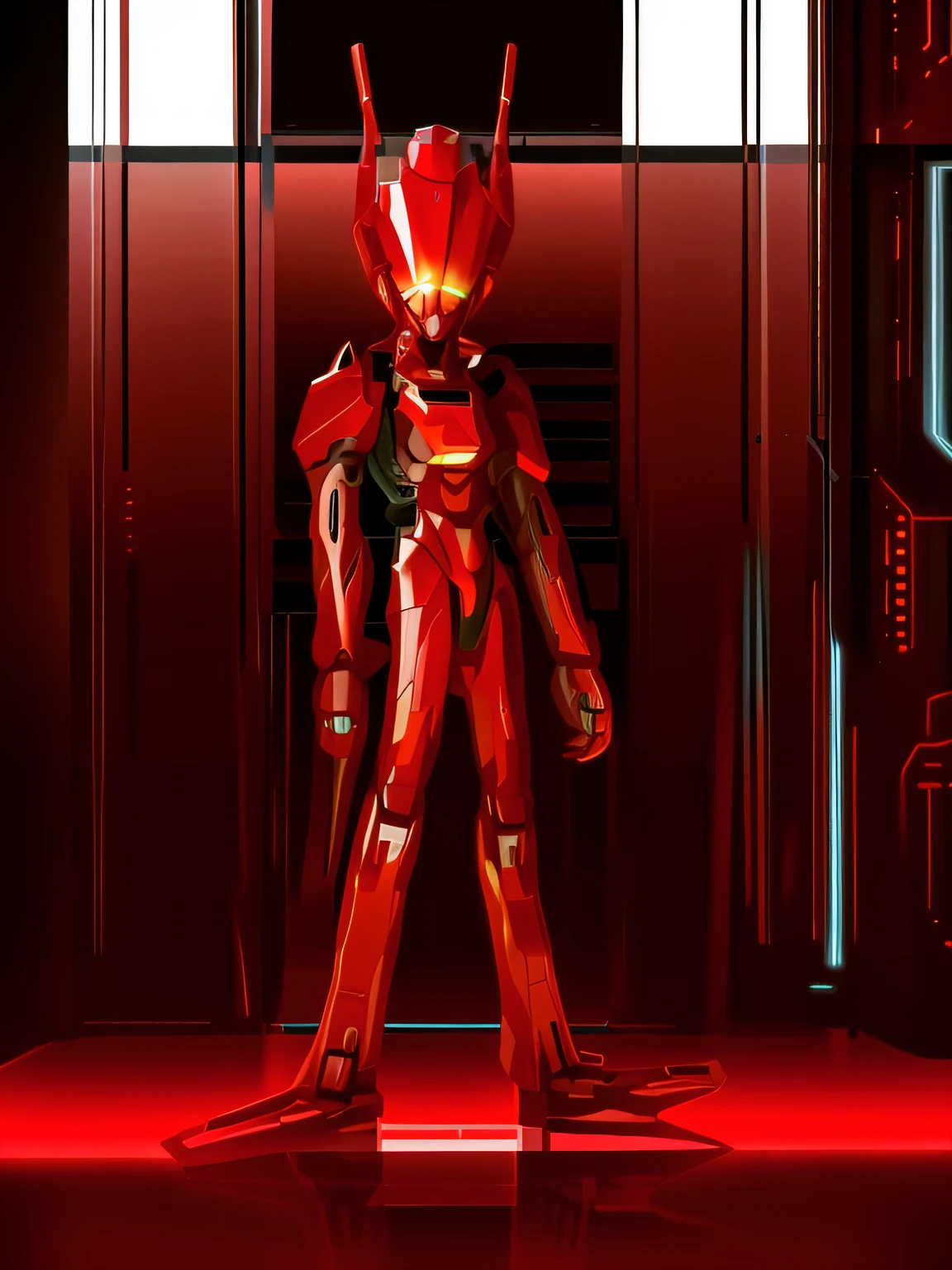 Alafard robot standing in room on red background, sci - fi character, girl in mecha cyber armor, High-tech red armor, sci - fi character, cyber suit, full body red mech, Wear cyber armor, retrofuturistic female android, full body mecha suit, eva unit-00 in the back