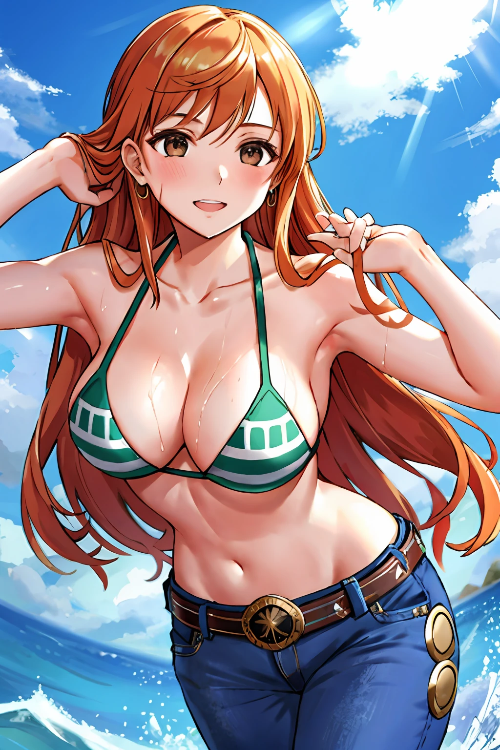 detailed background, masterpiece, 4k, best quality, late youth, adult, wrestler body, 1girl, active, energic, uppercut, (large mouth) , solo, nami \(one piece\), 1girl, bangle, (very wet, drenched in sweat, sweat all over body, very wet hair, tired, taking breath, open mouth, hand on stomach, sweaty face, sweaty body, panting, sweating too much, shiny sweat, sweat stains, leaning forward, tilting, hands on knees, waving good bye), perfect detailed face, bold drawing lines, muscular arms, detailed bold arm lines, flat jaw, adult woman, wavy wide streaked bangs, floating bang streaks, (big cheeks), bare shoulders, off-shoulders, belt, bikini, bikini top only, blue sky, bracelet, springy breasts, breast lines, big round eyes, plain big brown shiny eyes, bubbles, high eye position, cleavage, cloud, day, denim, earrings, floating hair, shiny hair, green belt, green bikini, bold groin lines, jeans, jewelry, large breasts, log pose, long hair, looking at viewer, navel, wet hair, orange hair, pants, shoulder tattoo, sidelocks, sky, solo, standing, stomach, swimsuit, tattoo , looking at viewer, open mouth, detailed left arm, big forehead, hourglass figure, small head, toned body, wide hair, wind effect, sun effect, under the sun, narrow small ears angle, older, random poses,