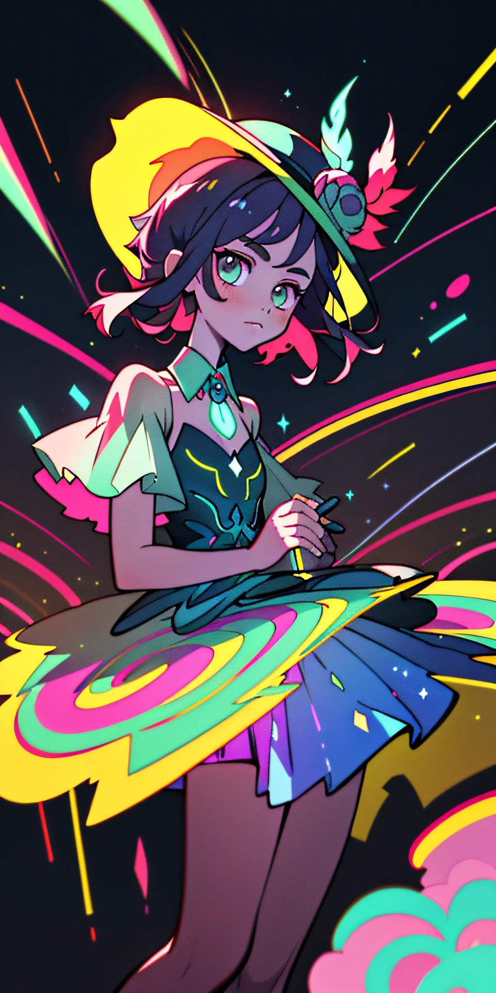 (Best quality at best,tmasterpiece),1girl,DJ,Music,glitters,shift dresses,Particle,bacchus,florals,The upper part of the body,Dark neon background,looking at viewert,Girl with a hat,