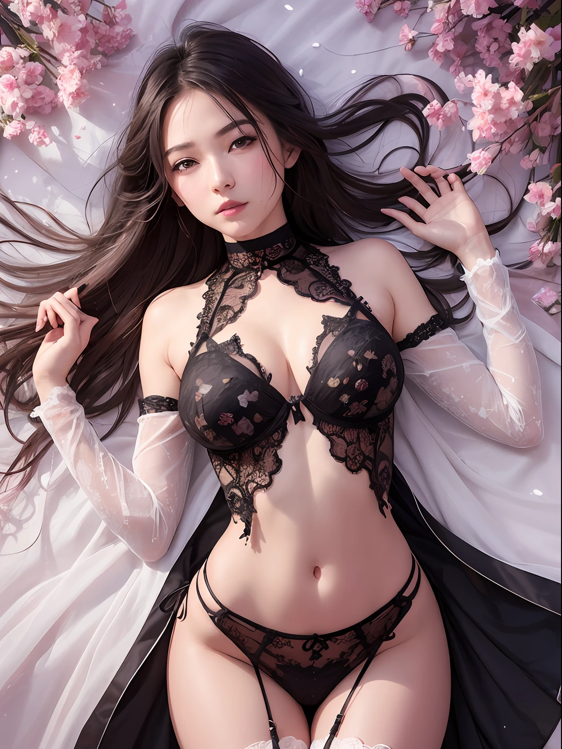 loose outfit、Show shoulders、Dark Color String Dress、How to wear a black gown、Decorated with intricate patterns and bright colors、Transparent material that makes the skin shine、Artistic depiction of seductive woman in gown with wet thin cloth and transparent skin, Floral and fantastic pattern with flowing silky traditional see-through skin。Her dress draped elegantly around her curvaceous figure、Emphasizes her charming silhouette。She's a gentle fireworks night、Dynamic Posing、Sexy Posing、bathed in the soft glow of moonlight。The scene is、With a hint of mystery and sensuality、It exudes an ethereal dreamy atmosphere。The image style is、It incorporates a blend of watercolor and digital illustration techniques.、It makes you feel delicate beauty and charm。Soft moonlit lighting、Cast gentle highlights and shadows on her mesmerizing features。Dynamic Posing、Bold poses、The hand is somewhere、see -through、show through、A sexy、Wet hair、Wet、(cherry trees、flower petals、cherryblossom、The cherry tree、Sakura Snowstorm 1.5)、buried、Transparent skin、Wet clothes、(Chest 1.2)、Navel Ejection、Swaying in the wind、Burgundy、pale red、(Slouch 1.5)、Lace color、lace choker、a choker、Lie on your back on the surface of the water、New lining、Slouched、all-fours、