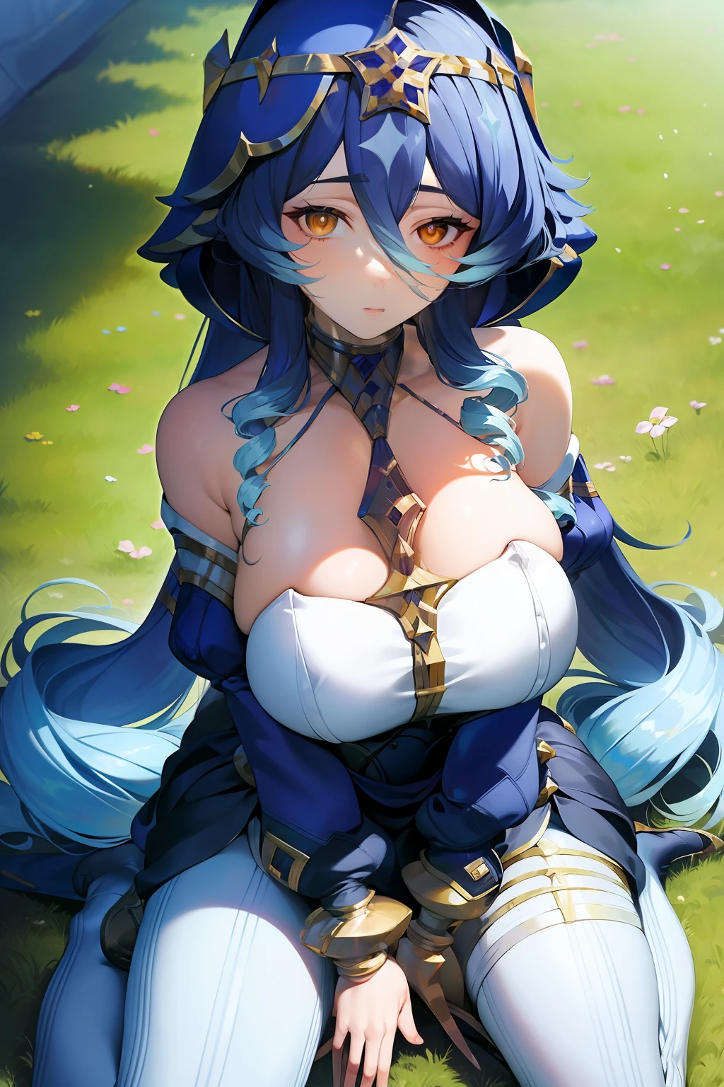 (Masterpiece), Best quality, expressive eyes,perfect face,
w sitting , w sitting on ground, big breast, good breast, arm between legs, legs on ground, both arms between legs,layla