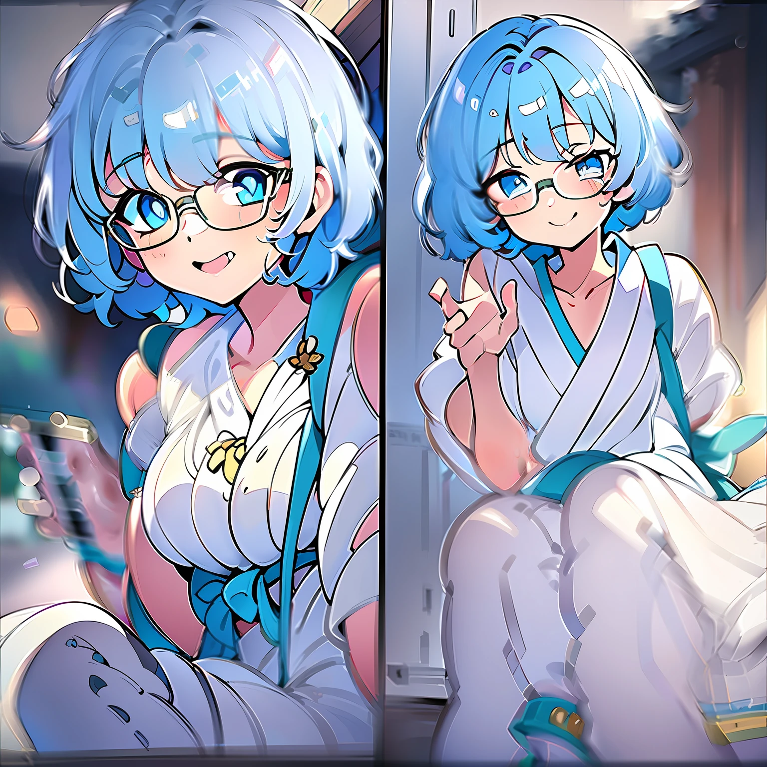 (masterpiece), best quality, expressive eyes, perfect face, white miko uniform, beautiful face, detailed eyes, blue hair, short hairstyle, dynamic angle, gorgeous pose, smile gently, glasses