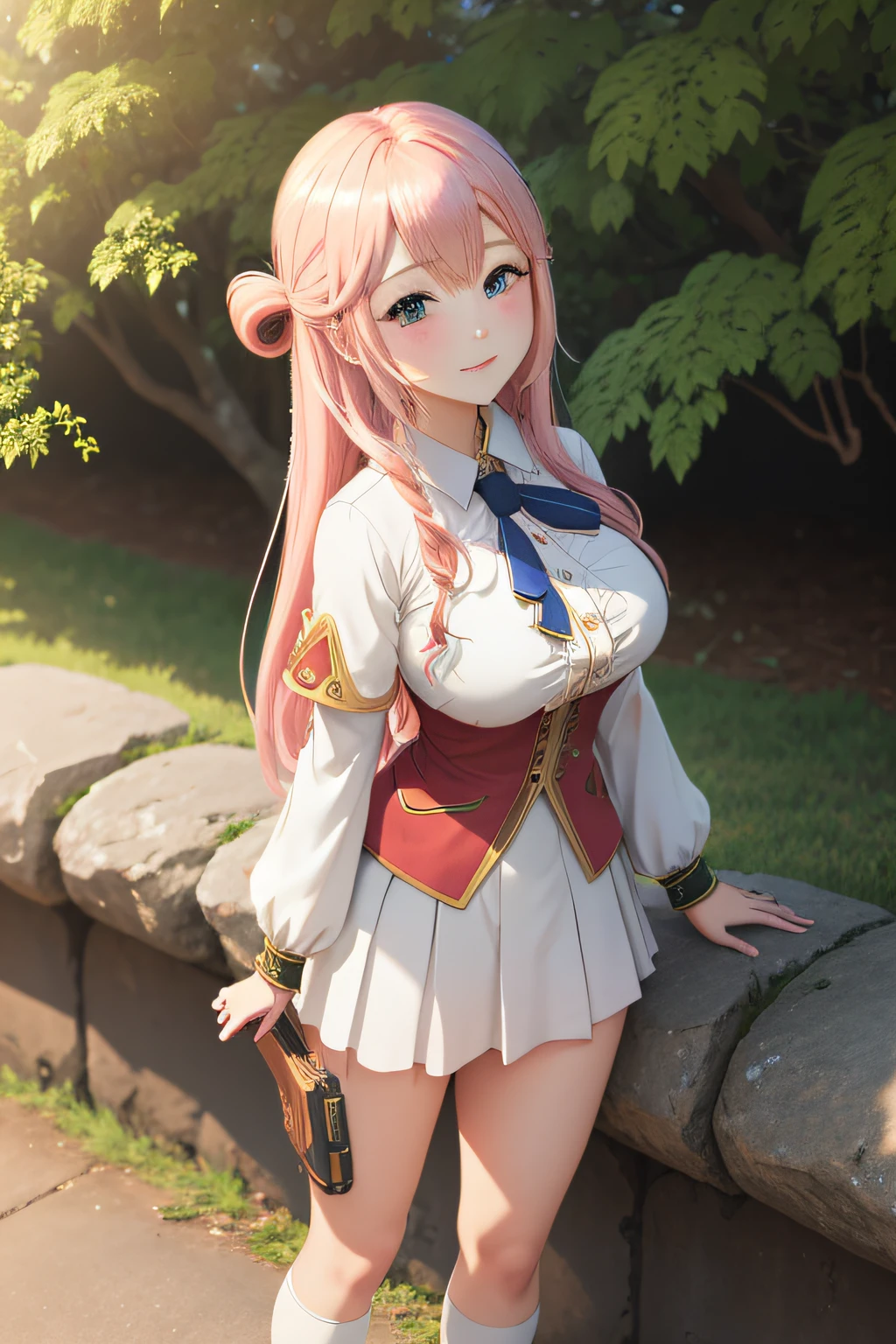 Enome 1girl， long whitr hair， nedium breasts， Blushlush， ssmile， A pink-haired， tiese， school ground ， （hentail realism）， （tmasterpiece：1.2）， （best qualtiy）， （ultra - detailed）， （8K， 4K， 复杂）， （full body shot of：1）， （85mm）， light particules， illuminating， （highly  detailed：1.2），（Detailed face：1.2）， （Gradient）， sfv， a color， （Detailed eyes：1.2）（detailedbackground）， detailed scenic view， （dynamic angle：1.2）， （dynamicposes：1.2）， （third_composition：1.3）， （Line of action：1.2）