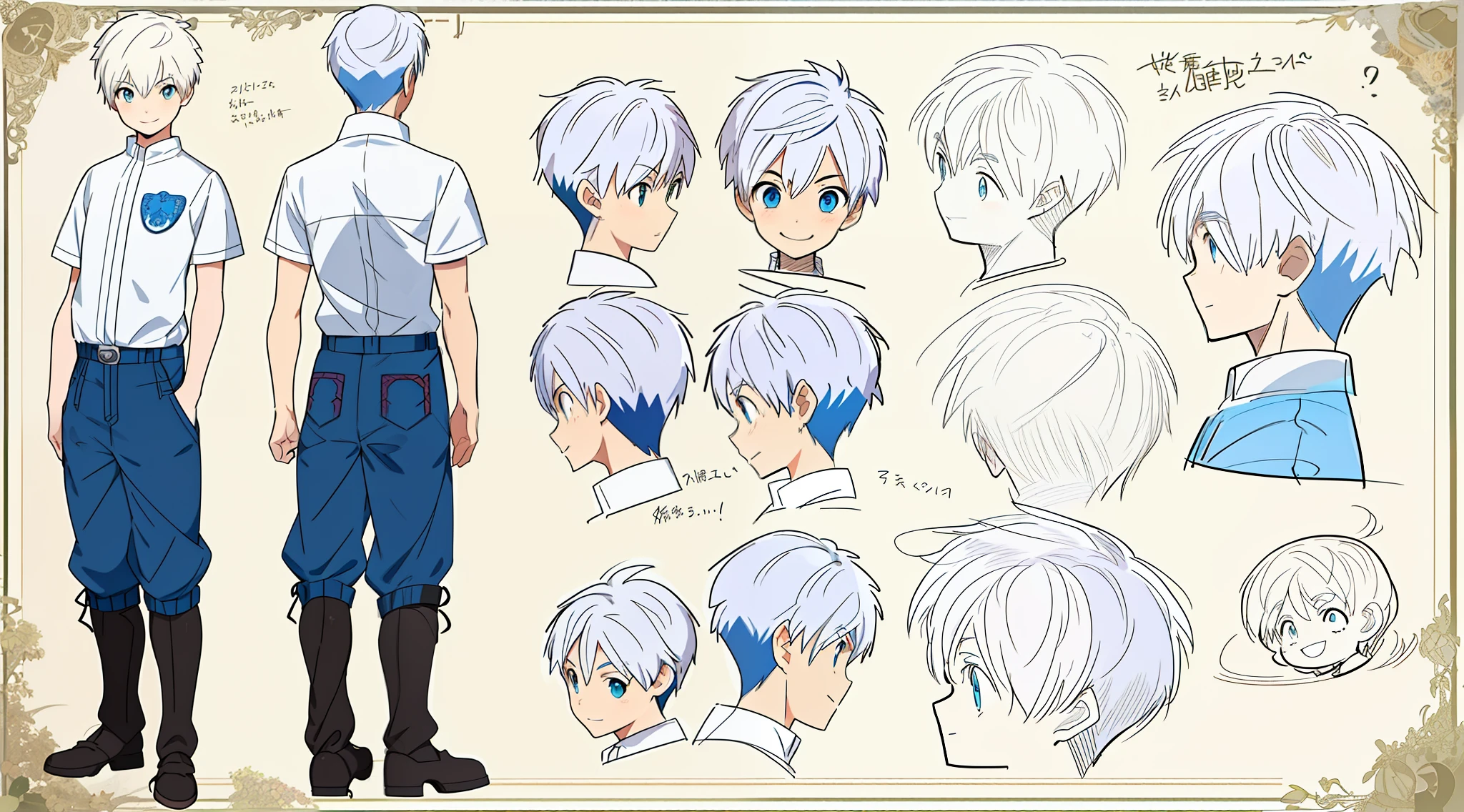 Reference sheet of a boy, short white hair and blue eyes, smiling, ((masterpiece)),(((best quality))),(character design sheet,same character,front,side,back) wearing a casual cloth and short pants, detailed face, detailed hair, concept art, character concept art, character sketch, reference sheet, character sheet