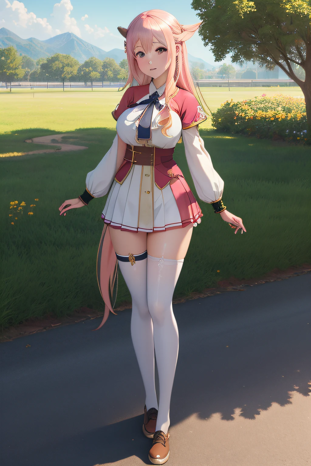 Enome 1girl， long whitr hair， nedium breasts， Blushlush， ssmile， A pink-haired， tiese， school ground ， （hentail realism）， （tmasterpiece：1.2）， （best qualtiy）， （ultra - detailed）， （8K， 4K， 复杂）， （full body shot of：1）， （85mm）， light particules， illuminating， （highly  detailed：1.2），（Detailed face：1.2）， （Gradient）， sfv， a color， （Detailed eyes：1.2）（detailedbackground）， detailed scenic view， （dynamic angle：1.2）， （dynamicposes：1.2）， （third_composition：1.3）， （Line of action：1.2）