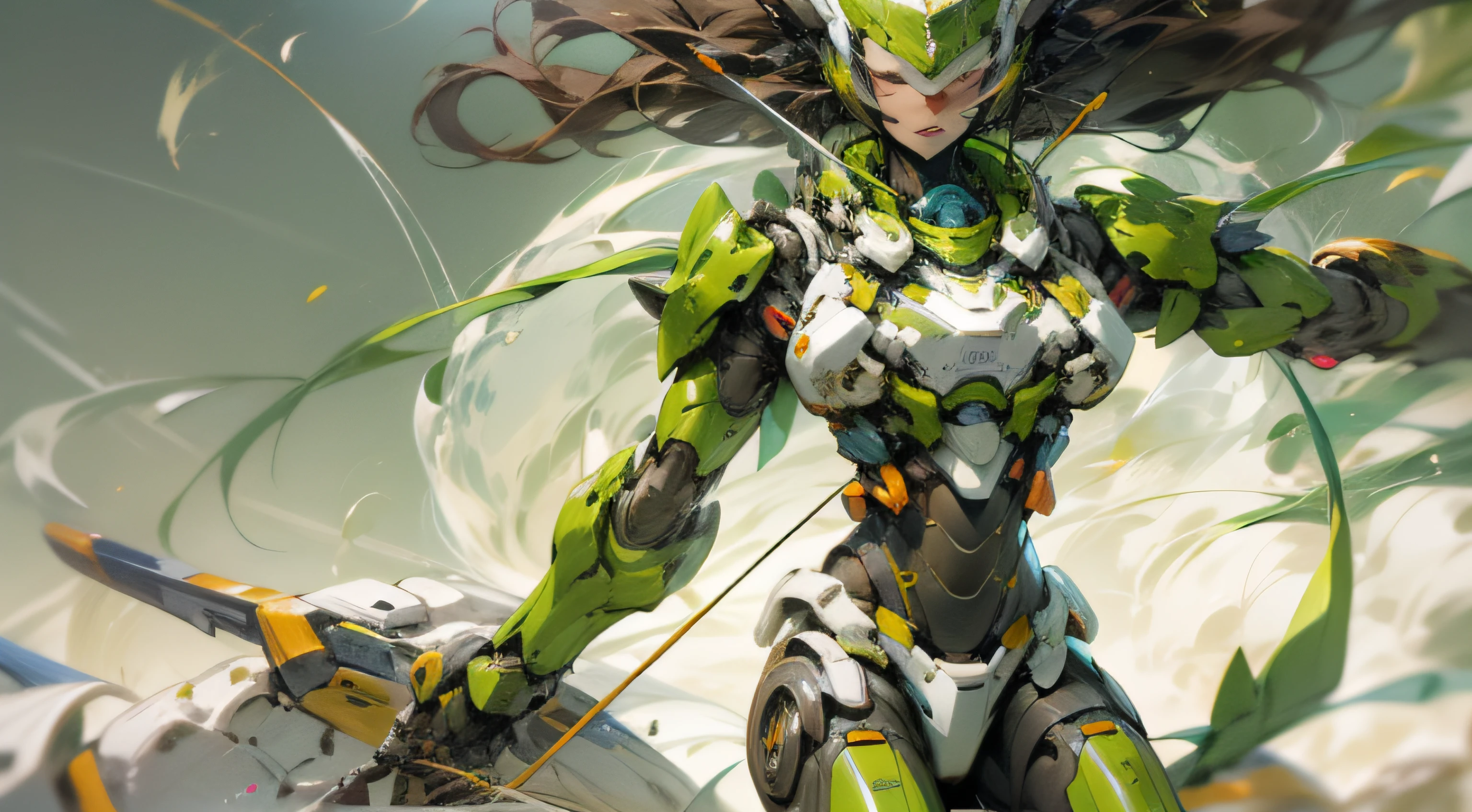 Picture a scene where the past and future collide. The central figure is a robot version of Artemis, the goddess of the hunt. Her body is slim, muscular, and designed for agility, embodying a sense of vitality and independence. Her feet mimic the design of a beast's, enhancing her hunting abilities. The color palette is dominated by silver and white, with touches of green and brown in a camouflage pattern. The robot holds a bow in her hand, ready to shoot an arrow. A moon symbol is prominently displayed on her head. She is designed for efficient hunting, able to track and shoot her prey with precision. She also has the ability to operate at night, equipped with night vision and enhanced nocturnal mobility. The style is a fusion of Greek mythology and modern robotics, with a hint of giant robot concept art. The lighting should be dynamic, emphasizing the robot's metallic surfaces and the tension in the bowstring. The composition should be a full-body shot, with the robot in the center of the frame. --ar 16:9 --v 5.1 --style raw --q 2 --s 750