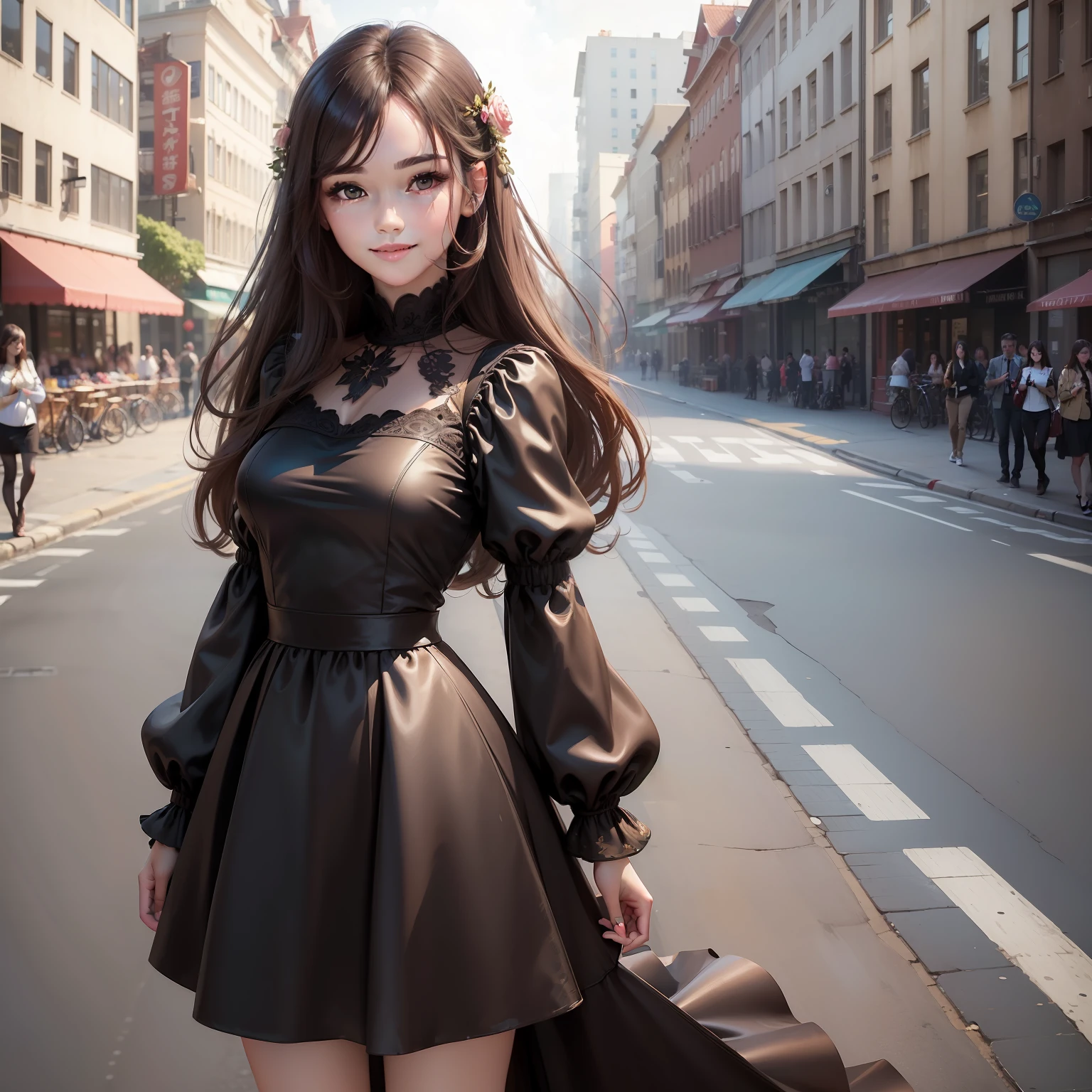 ((Best quality, 8k, Masterpiece :1.3)), 1girl, smiling, full body, slim face, Pretty woman, (Dark brown hair), full length dress :1.1, Ultra-detailed face, Detailed eyes, Double eyelid, blur background, slim face, city, outside, street,