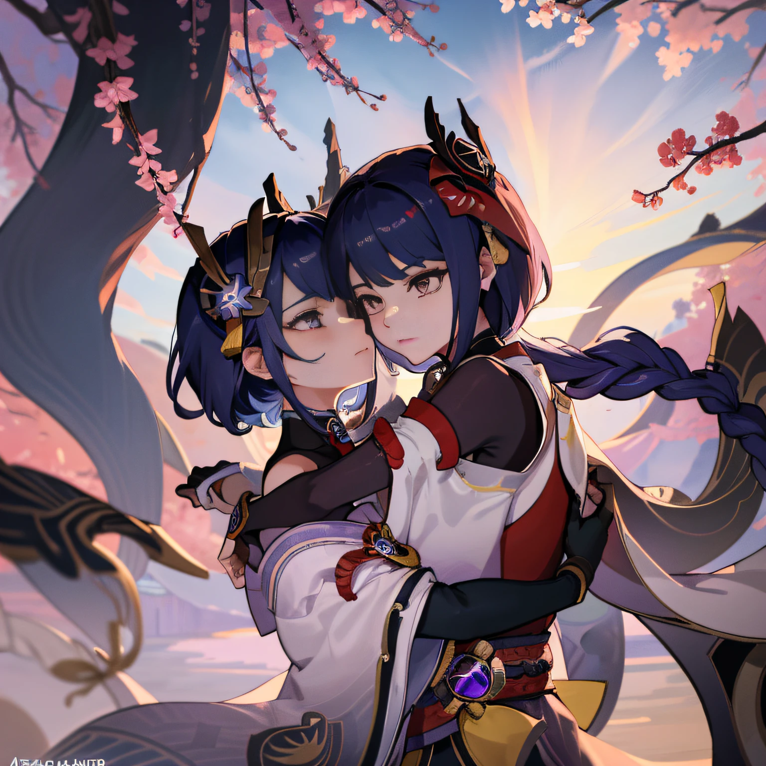 Anime characters hugging each other with swords and swords, Ayaka Genshin Impact, Portrait of Onmyoji, genshin, charachter: Genshin Impact, from the azur lane videogame, Onmyoji, Raiden Shogun from Genshin impact kujou sara from Genshin impact , Genshin Impact