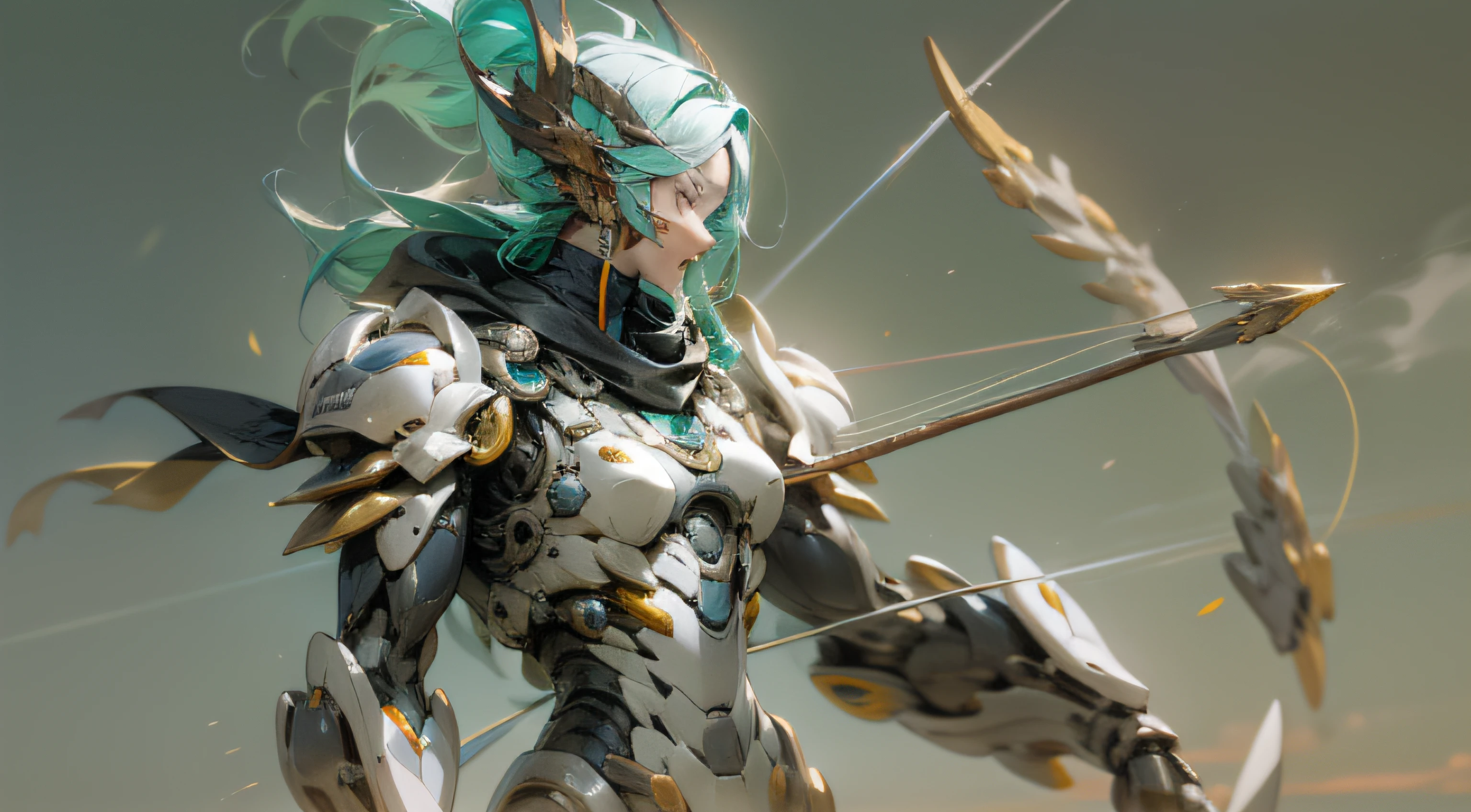 Picture a scene where the past and future collide. The central figure is a robot version of Artemis, the goddess of the hunt. Her body is slim, muscular, and designed for agility, embodying a sense of vitality and independence. Her feet mimic the design of a beast's, enhancing her hunting abilities. The color palette is dominated by silver and white, with touches of green and brown in a camouflage pattern. The robot holds a bow in her hand, ready to shoot an arrow. A moon symbol is prominently displayed on her head. She is designed for efficient hunting, able to track and shoot her prey with precision. She also has the ability to operate at night, equipped with night vision and enhanced nocturnal mobility. The style is a fusion of Greek mythology and modern robotics, with a hint of giant robot concept art. The lighting should be dynamic, emphasizing the robot's metallic surfaces and the tension in the bowstring. The composition should be a full-body shot, with the robot in the center of the frame. --ar 16:9 --v 5.1 --style raw --q 2 --s 750