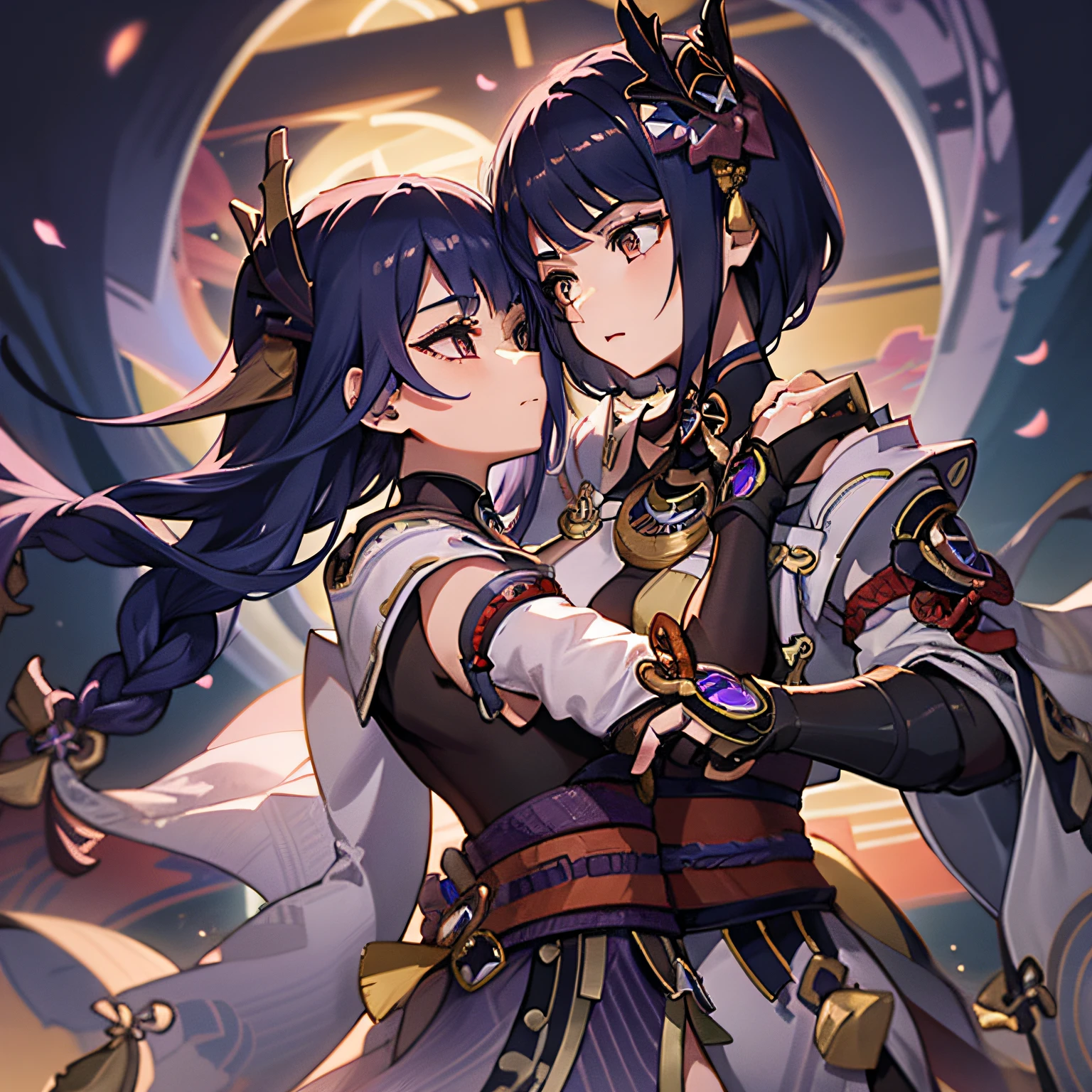 Anime characters hugging each other with swords and swords, Ayaka Genshin Impact, Portrait of Onmyoji, genshin, charachter: Genshin Impact, from the azur lane videogame, Onmyoji, Raiden Shogun from Genshin impact kujou sara from Genshin impact , Genshin Impact