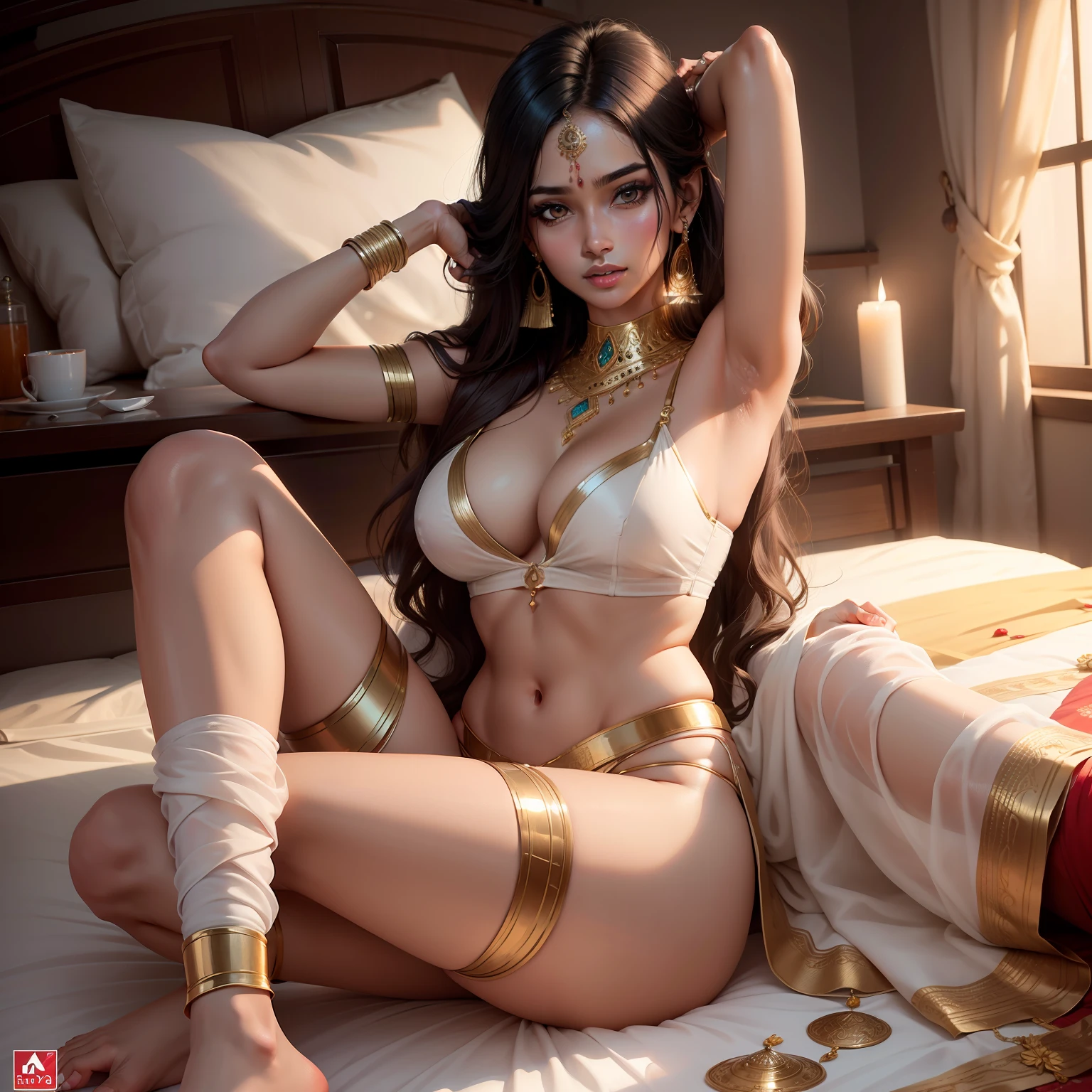 A Indian woman.very sexy.seductive body.white skin.detailed face.wearing golden saree.bra can be shown.golden short bra.long hairs.indian beauty.natural beauty.earrings on ear.ultra detailed face.ultra hd image.4k.high lighting.from thigh.lying on A bed.sexy pose.panty can be shown.traditional Indian.