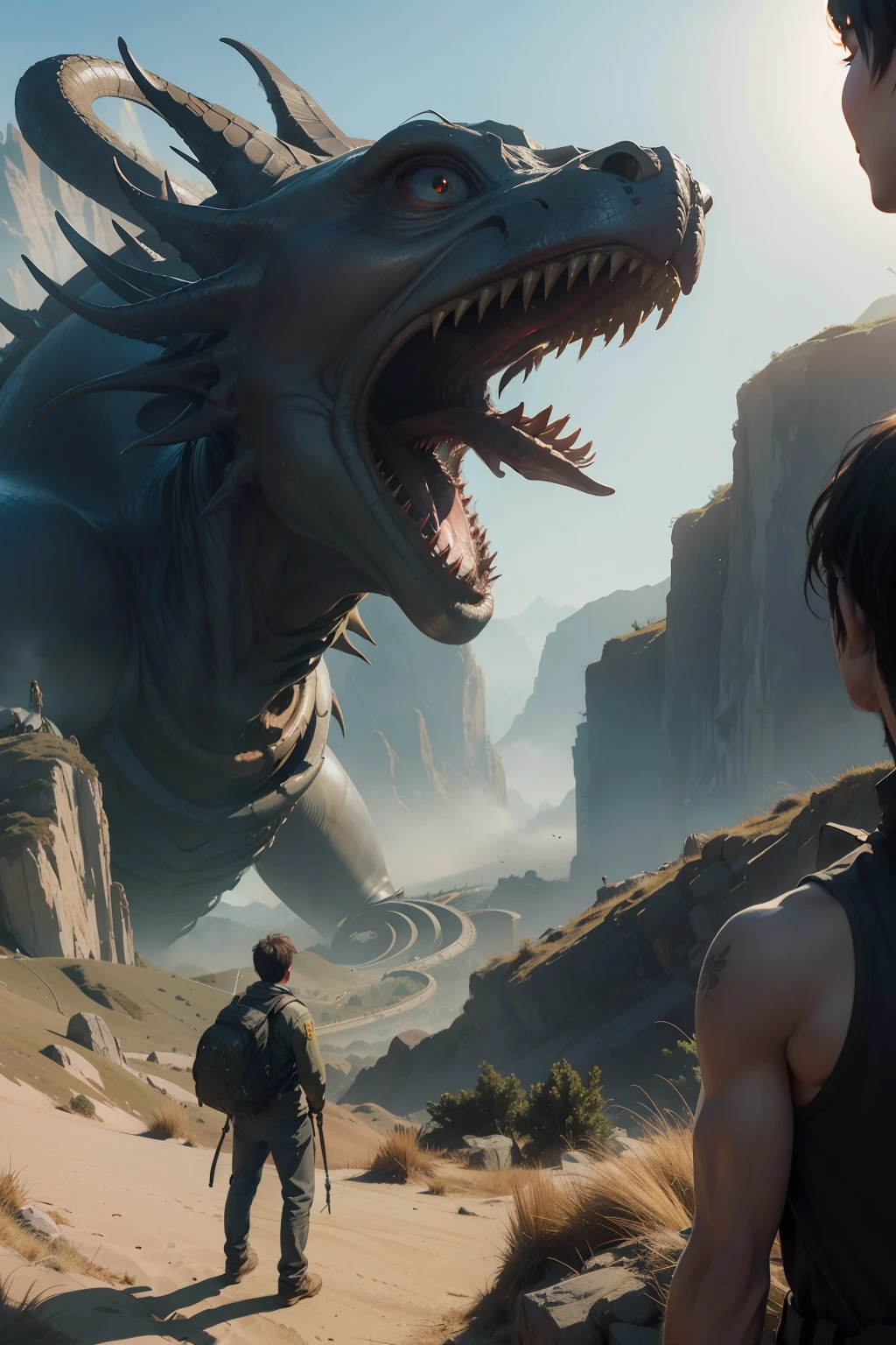a highly detailed matte painting of a man on a hill watching a giant alien monster, by makoto shinkai, by artgerm, by wlop, by greg rutkowski, volumetric lighting, octane render, 4k resolution, trending on artstation, masterpiece