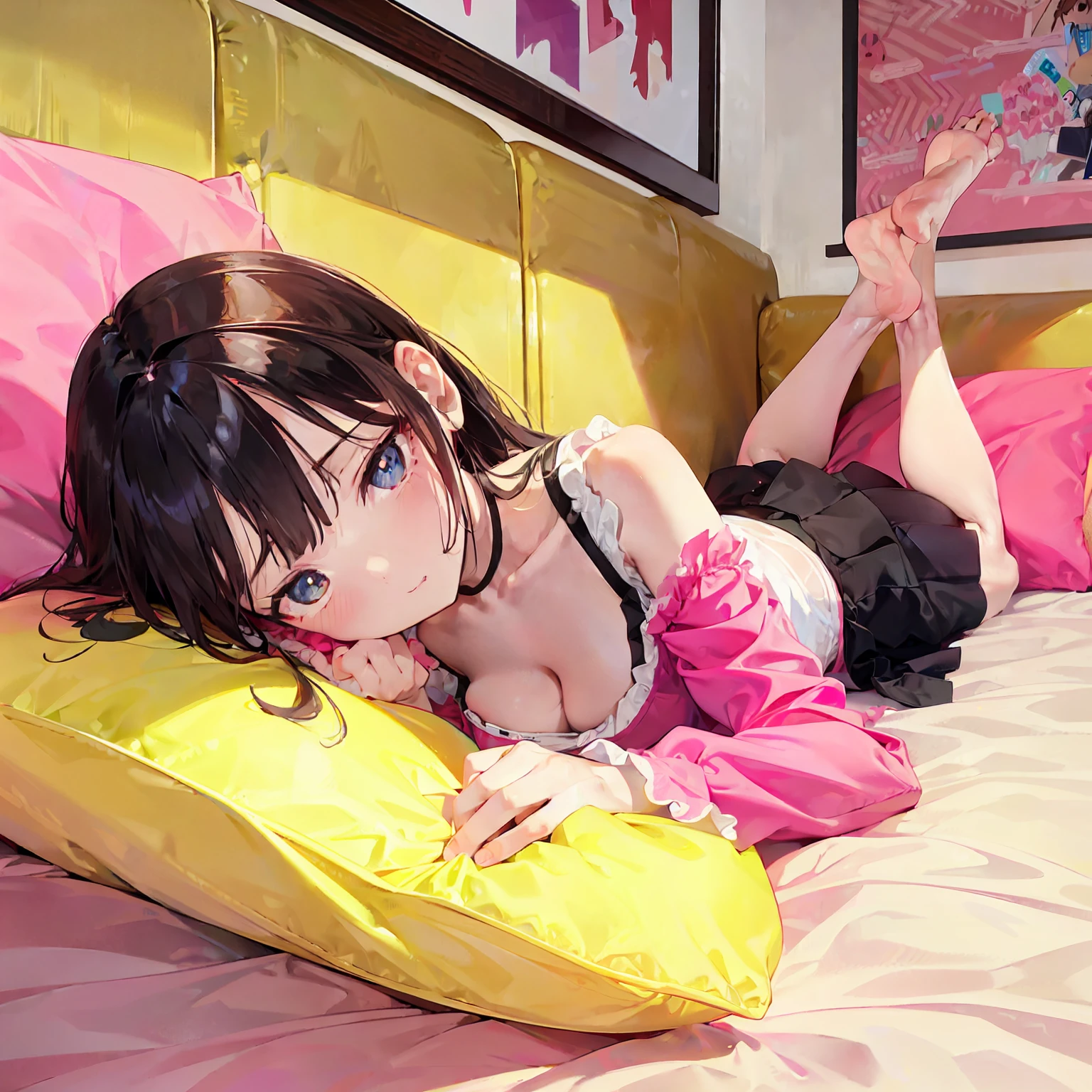 Two-dimensional wind The girl lies on her side on the dark pink two-dimensional bed, supports her cheeks with her right hand, pouts her face, wears a pink and yellow low-cut short skirt, and faces the camera to expose her large breasts and cleavage