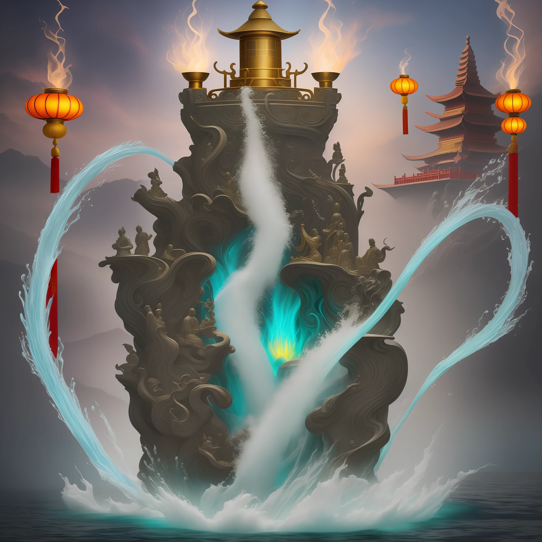 Melting pot statue, Holy Grail of Honor, Wonderful magic boils in the clang, Chinese fantasy, the god of the sea,fantasy,A powerful whirlpool blooms in the ding, water powers water swirling, Chinese fantasy colors,Alchemy furnace,mandara,Wanhua incinerator,Bloom colorful luminous core,surreal water art, In a mysterious scene