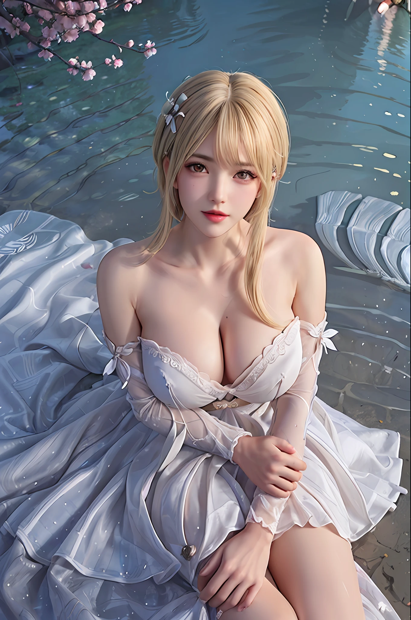 delicated best quality ,masterpiece, illustration, an extremely delicate and beautiful, extremely detailed ,CG ,unity ,8k wallpaper, Amazing, finely detail, masterpiece,best quality,official art,extremely detailed CG unity 8k wallpaper, absurdres, incredibly absurdres, huge filesize , ultra-detailed, highres, extremely detailed,beautiful detailed girl, extremely detailed eyes and face, beautiful detailed eyes,light on face,1girl, (lumine/genshin impact), (Super realistic), , (((blonde hair))), (two side curls), ((shoulder-length hair), (Women's short hair messed up at the tail), (yellow eyes), (Detailed description of the eye), ((hair jewelry)), (((describe the arm in detail))), ((charming lingerie)), (((Super boobs))), (saggy breasts), ((Big ass)), ((thighs)), ((Plump body)), (Big breasts), ((Plump boobs)),, (detailed description of hair), jewelry, (gem earrings), ((upper body)), (Bare shoulder), ((collarbone)), ((off shoulder)), (Shiny skin), (Detailed description of eyes), (detailed description of face), (detailed description of body), (white and translucent skin), peerless beauty, (extreme beauty), (red lips), (shy ), ( smile), (facing the viewer), ((facing)), (((cherry blossom))), (falling petal), (((cherry blossom))), (falling petal), (sexy lingerie), ((long sleeves)), (princess wedding dress:1.6), (revealing clothes), ((wide sleeves)), (thin silk), (penetration), ((Lying on the shore of a lake full of cherry blossom), (She sits gracefully by the tranquil cherry blossom lake, her feet playing in the water, bathed in the soft glow of the moonlight), the water surface is reflective, (every pose), ((There is a lot of water on the body))