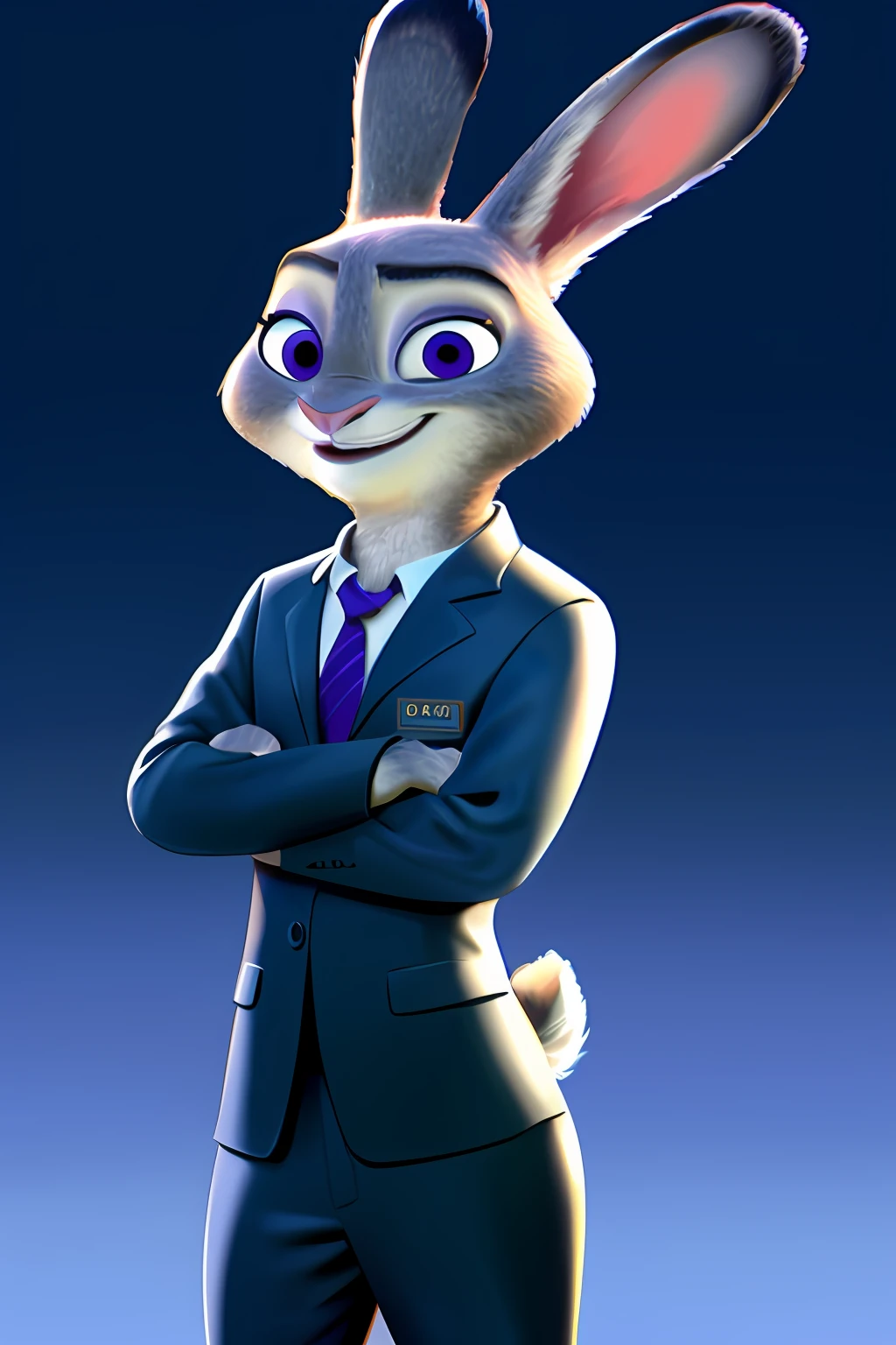 Zootopia,Disney animation,Humanity,mammal,lagomorph,k hd,Business suit,minimalistic background,furred,grey fur,Purple eye,ssmile。