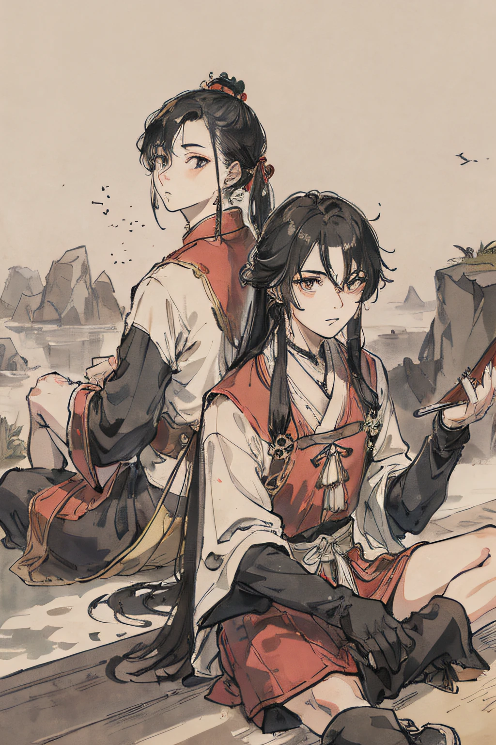 （tmasterpiece，best qualtiy：1.2），Tradition Chinese Ink Painting，Ming dynasty dressed scholar，Gentle，Long hair tied up high，Wearing Ming dynasty chivalrous clothes，Merry，Manly，Samurai belt，Sit next to a rock，Turn your back to everyone，Short waist ancient man leather boots，The posture is ethereal and free，Raise your head to the sky，The eyes are very sharp，Smart look
