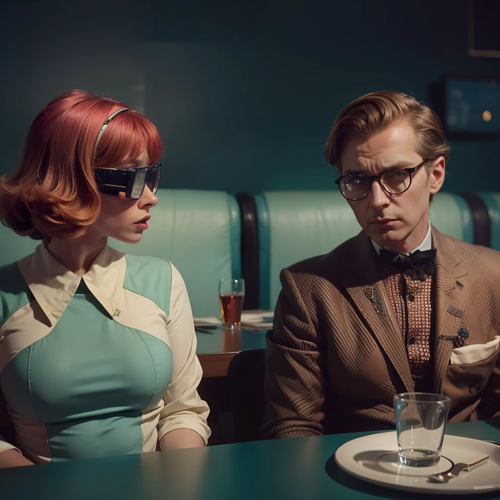 4k image from a 1960s science fiction film, Imagem do filme de Wes Anderson, pastels colors, A man with technological glasses and a woman with alien makeup and an android are wearing retro-futuristic fashion clothes and futuristic technological ornaments and devices in the restaurant, Luz Natural, cinemactic, Psicodelia, retro-futurista,