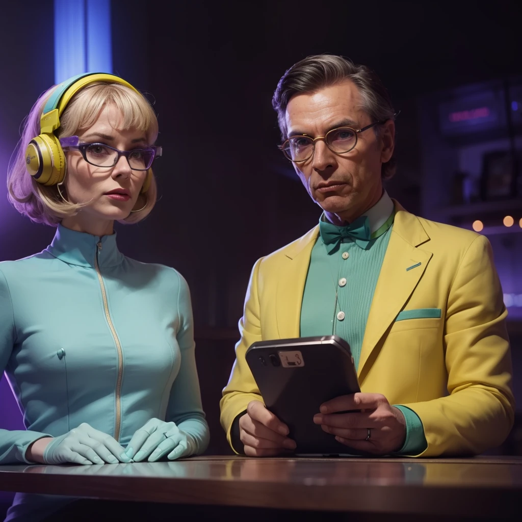 4k image from a 1960s science fiction film, Imagem do filme de Wes Anderson, pastels colors, A man with technological glasses and a woman with alien makeup and an android are wearing retro-futuristic fashion clothes and futuristic technological ornaments and devices in the restaurant, Luz Natural, cinemactic, Psicodelia, retro-futurista,