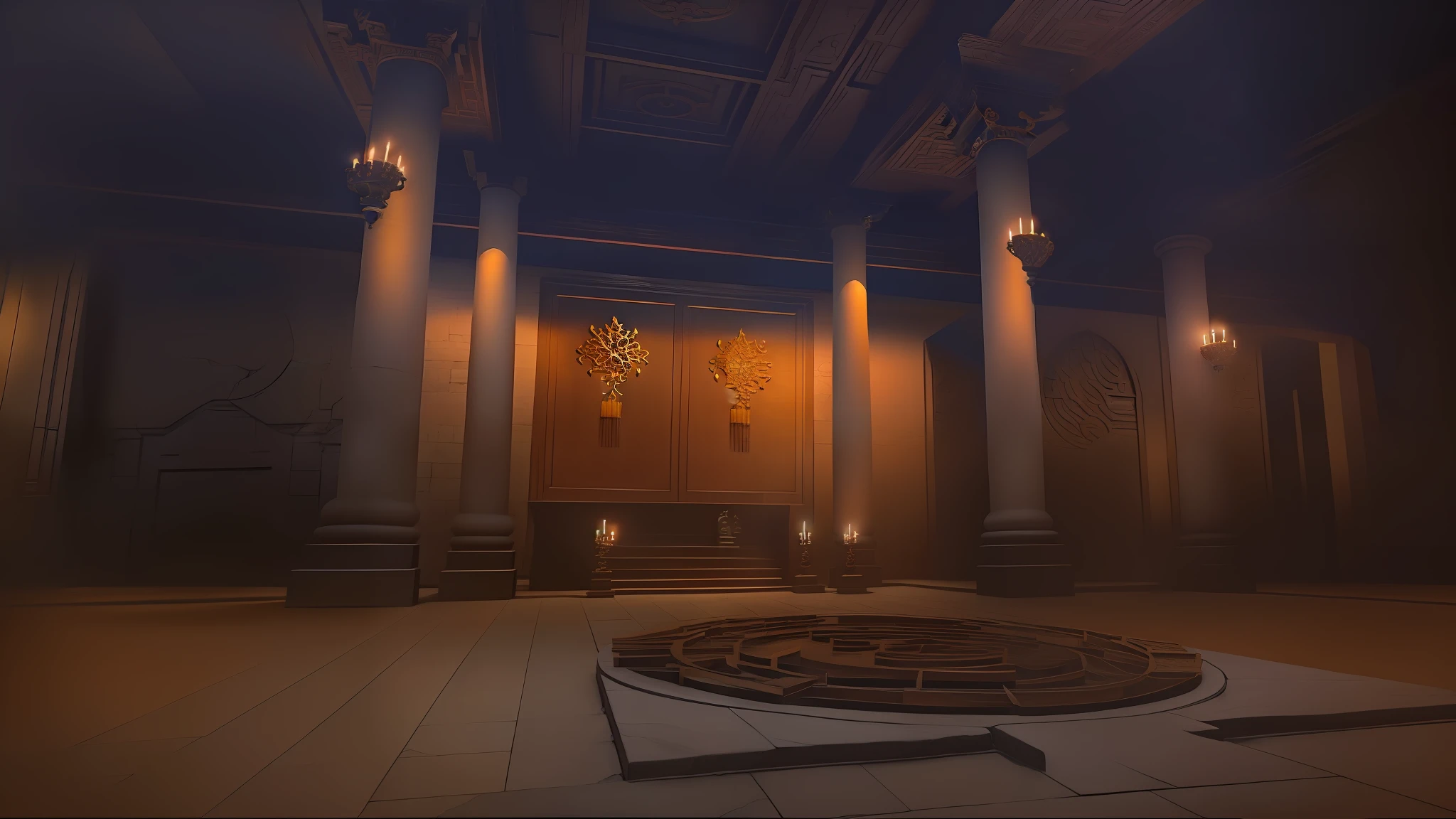 China-style，Stone room，Ancient catacombs，Two portraits in the center of the hall，pillar，waxy candles。