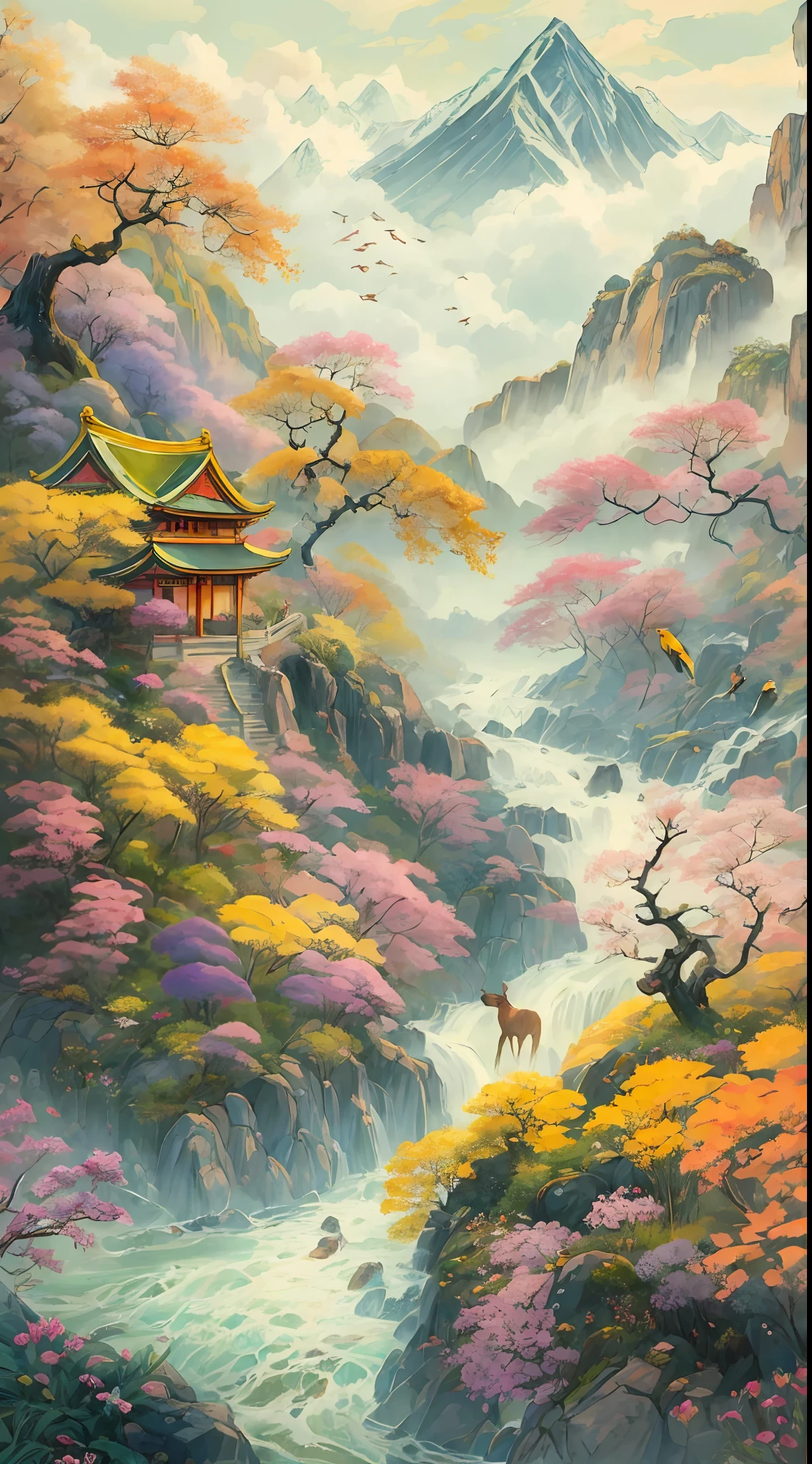 The peak is abrupt,The ridge is rugged。Rushing water under a deep stream,Splendid flowers in front of the steep cliff。Backlash overlaps,Ancient Road Bay Ring。It's really a company of Tsuru Laisong,Sure enough, the clouds went to the stone。Xuan Ape looked for fruit towards Qinghui,Elk looking for flowers and warming up。The blue bird screamed,The yellow bird is savage。Spring to peach and plum quarrel,Summer solstice willow locust jingmao。Autumn to yellow flowers,Winter is snowy。Good scenery at 4 o'clock and 8 festivals,Not as good as Yingzhou fairy scene。.Best quality, Ultra-detailed, Best shadow,8K,offcial art
