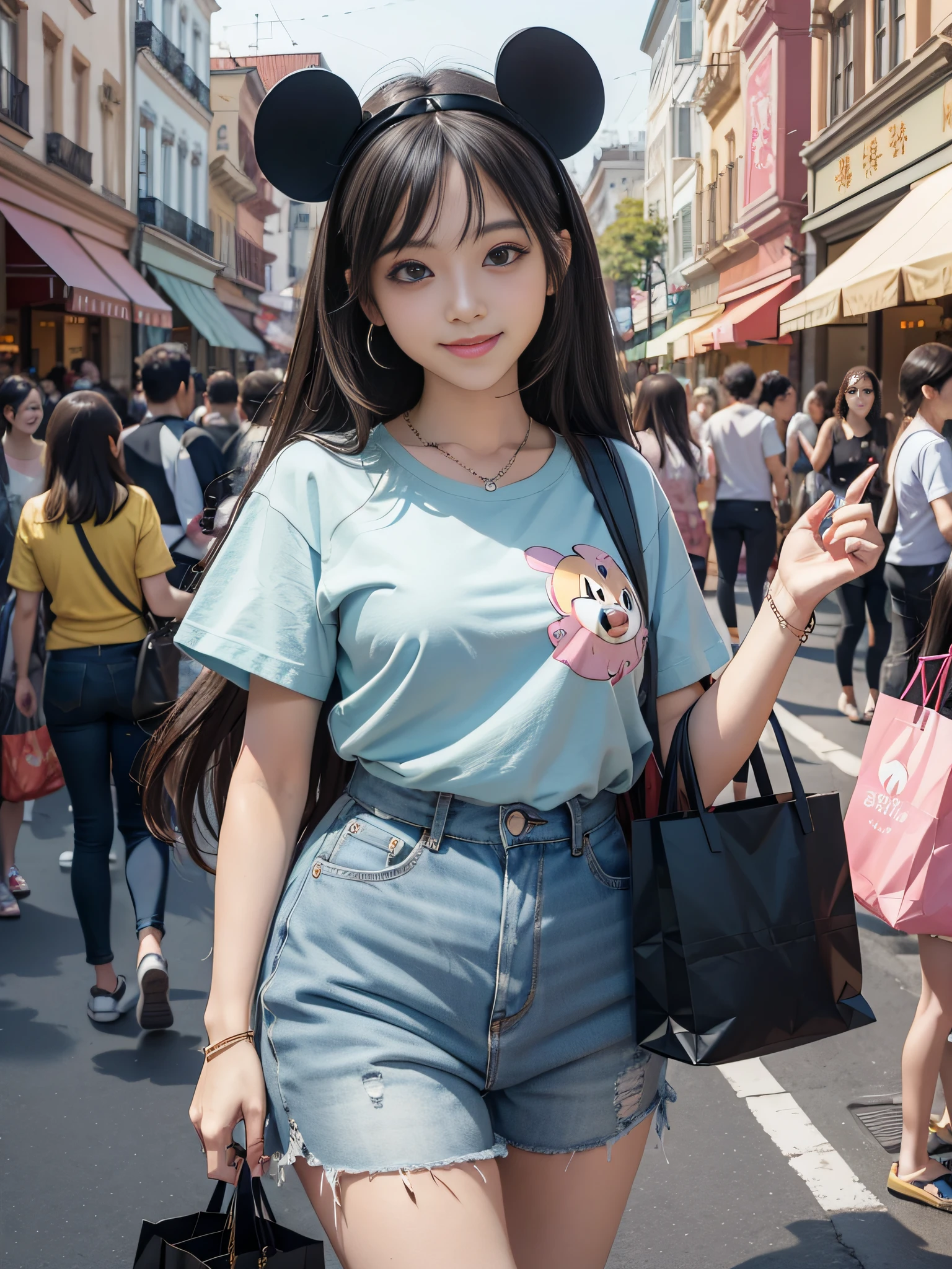 An anime character Big Eyes Shirt Girl, Smile sweetly,Street shopping shopping life scene style, Disney style, wrapped, Lovely, --AR 3:4 --q 5 --niji 5