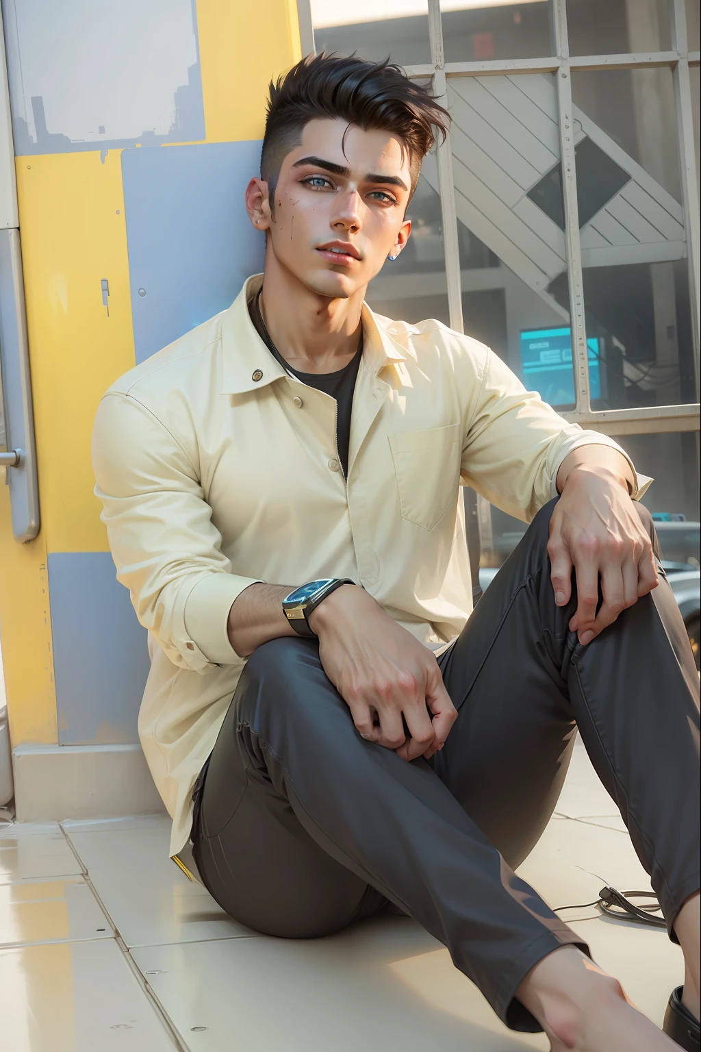 Background change cyberpunk handsome boy with brand car ultra modem realistic face
