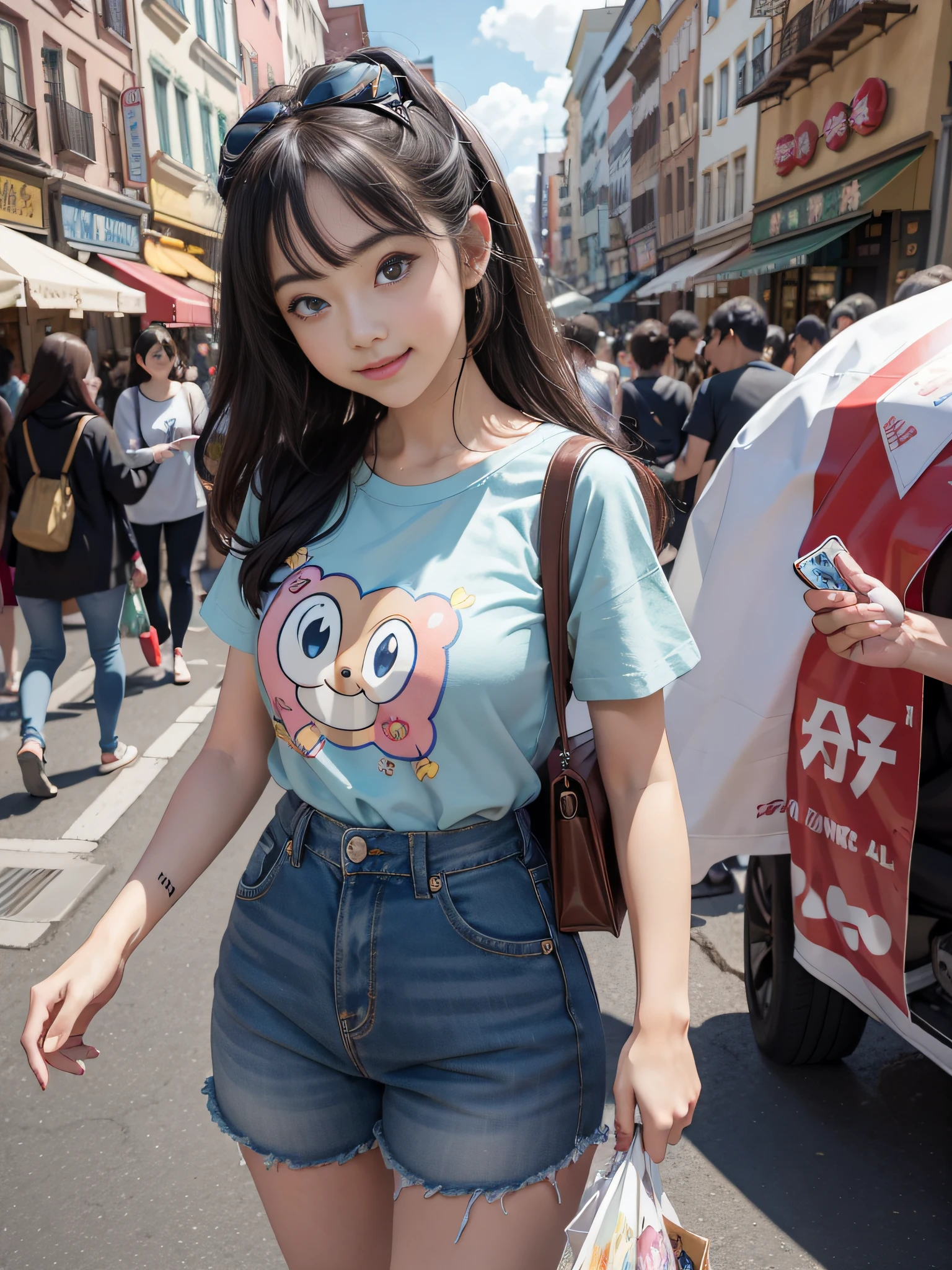 An anime character Big Eyes Shirt Girl, Smile sweetly,Street shopping shopping life scene style, Disney style, wrapped, Lovely, --AR 3:4 --q 5 --niji 5
