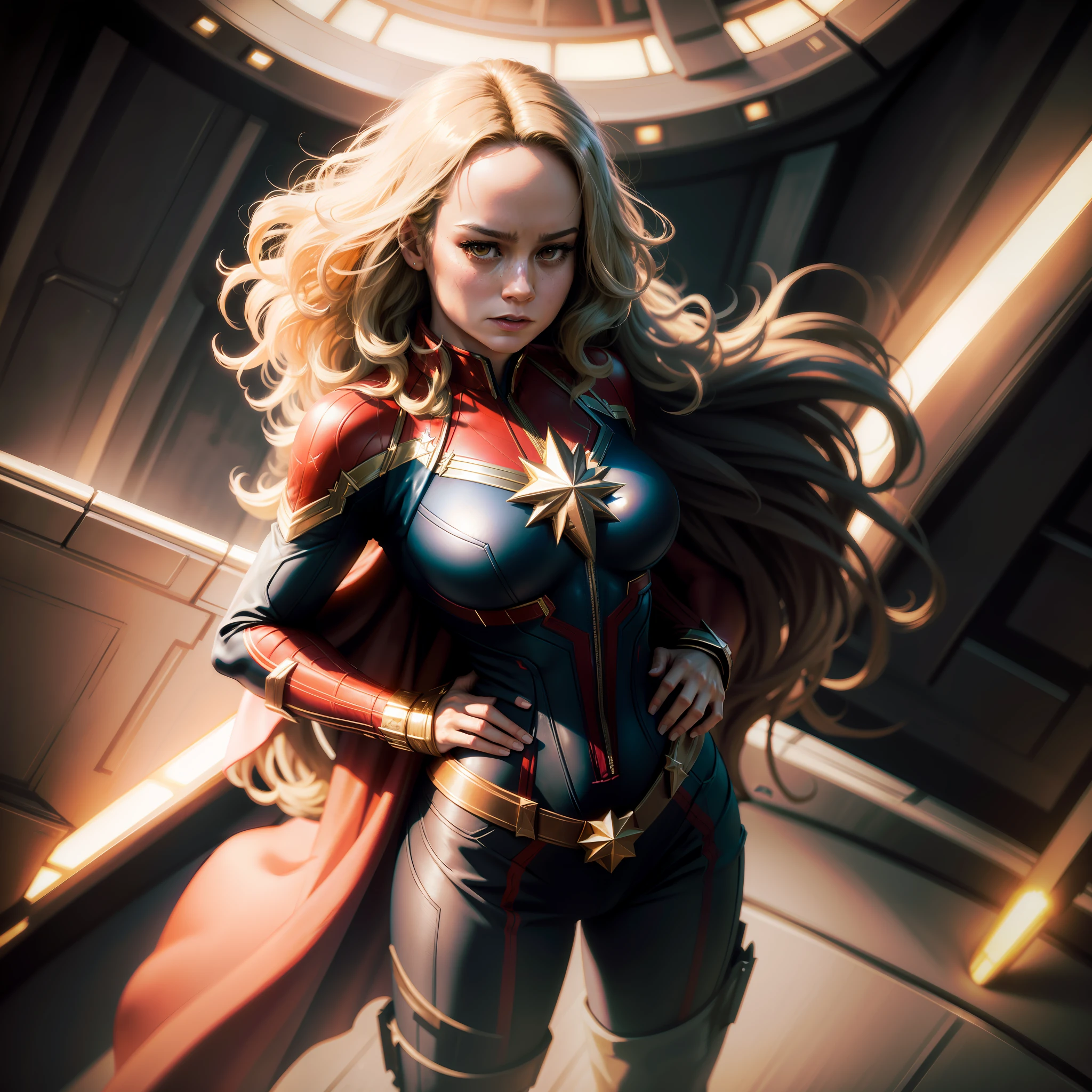 Captain marvel, Huge-breasts, Lush breasts, Elastic breasts, hairlong, Luxurious hairstyle, In costume, flies in the sky, superhero, in full height, Evil Look, Magic, Flight beam, beste-Qualit, Very detailed, 8K quality, in full height