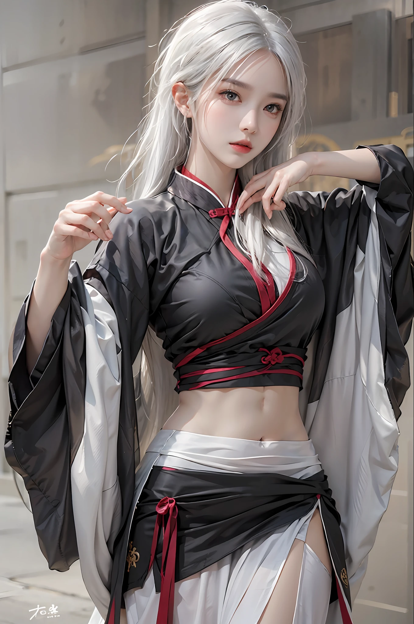 photorealistic, high resolution, 1 women, solo, hips up, look at viewer, (detailed face), white hair, long hair, medium breasts, martial arts clothes, Chinese clothes, black clothes