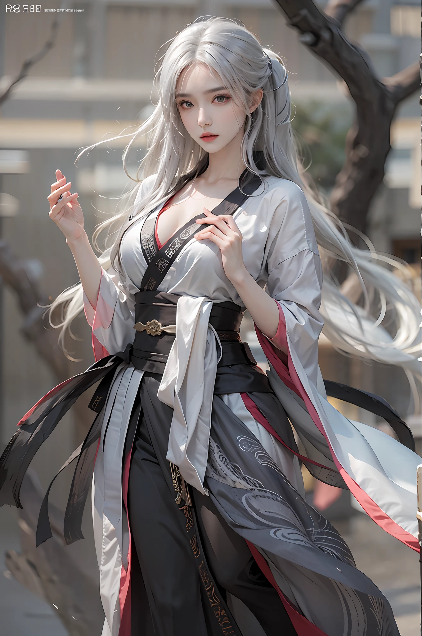 photorealistic, high resolution, 1 women, solo, hips up, look at viewer, (detailed face), white hair, long hair, medium breasts, martial arts clothes, Chinese clothes, black clothes