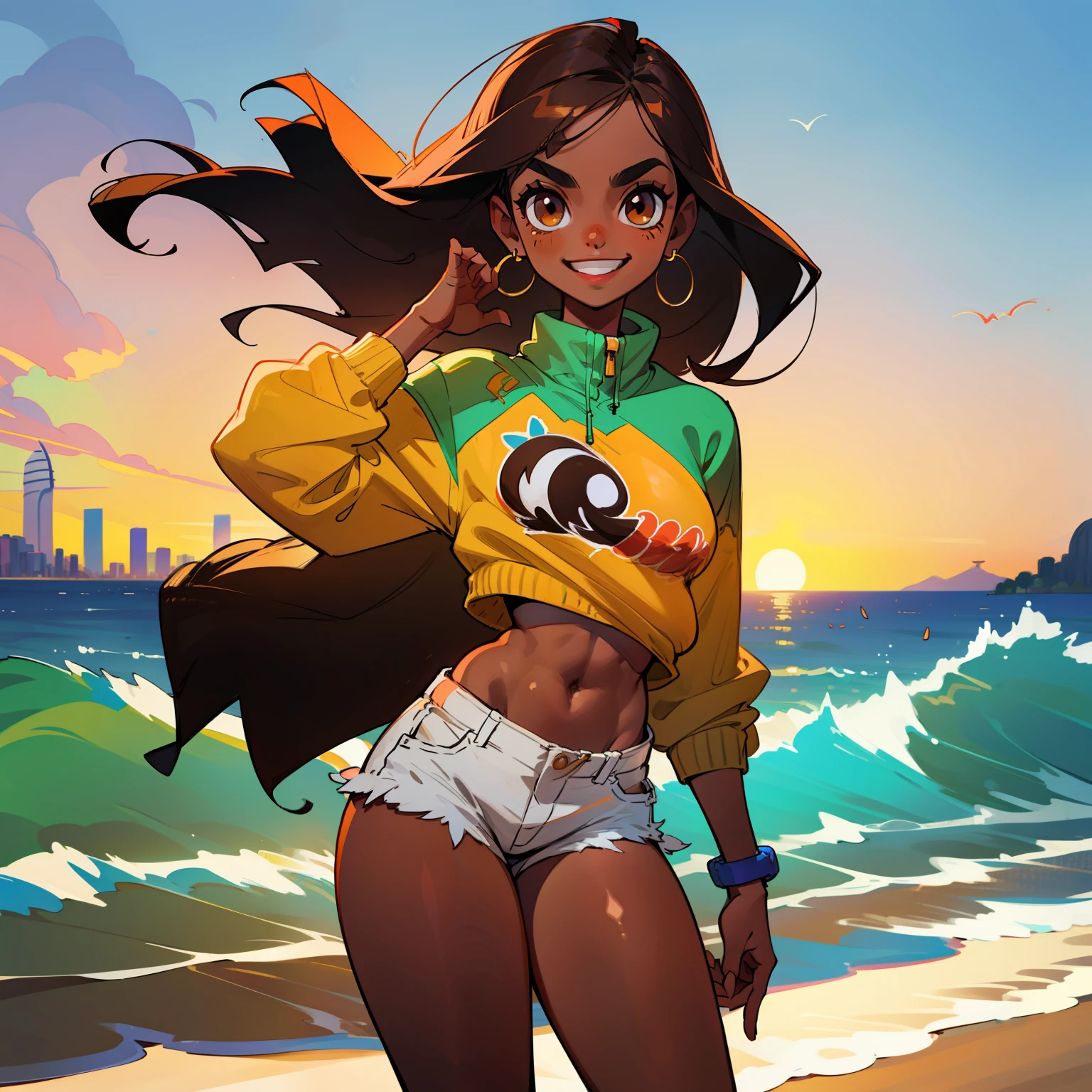 brazilian woman, dark skin, perfect brown eyes, details, ear, eyebrow, smiling, lips, long straight hair, printed sweatshirt, ripped open short shorts, thin waist, thick legs, thick thighs, background scenery, rio de janeiro ultra detailed, on the beach, night light, night, night day