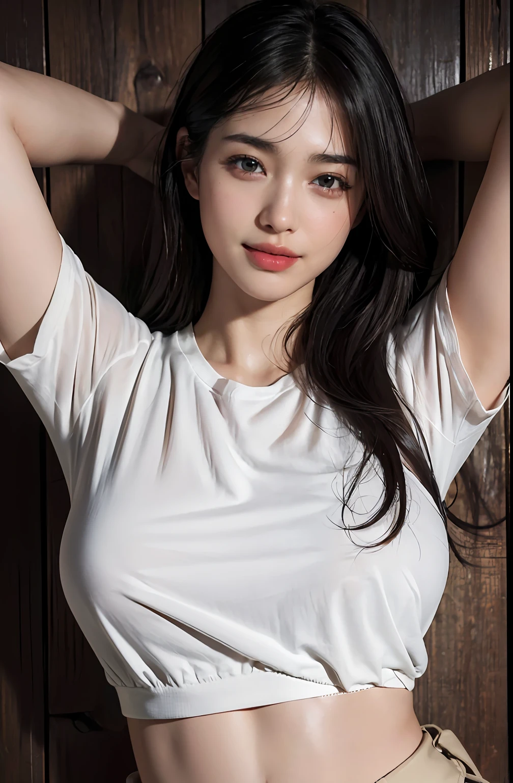 (Ultra Realistic), (Illustration), (High Resolution), (8K), (Very Detailed), (Best Illustration), (Beautiful Detailed Eyes), (Best Quality), (Ultra Detailed), (Masterpiece), (Wallpaper), (Detailed Face), Night, Upper Body Up,Armpits, Smile,Plump,Solo,Simple White T-Shirt Girl, Sweaty, Japan Person, Big, (Camel Toe)