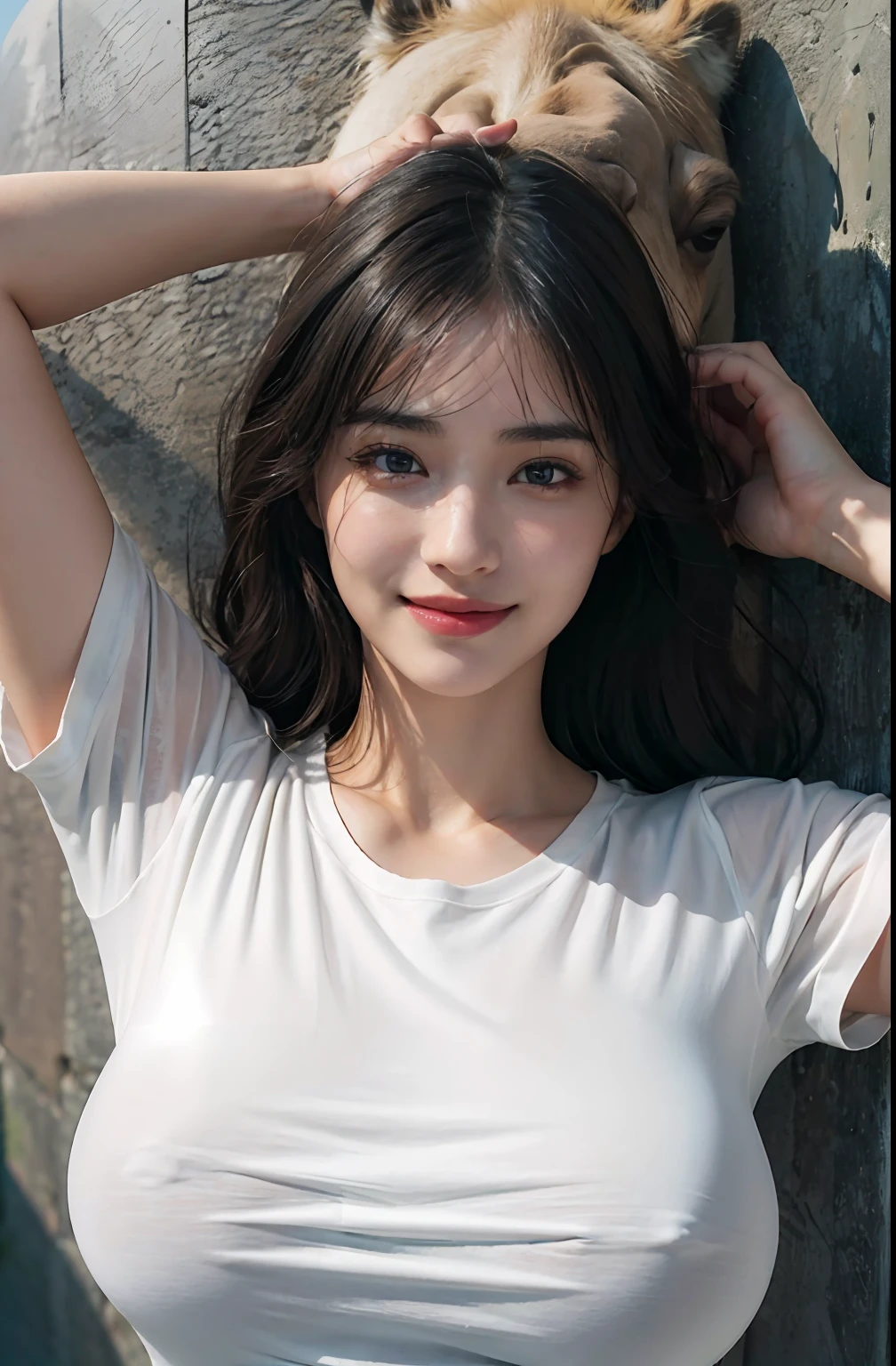 (Ultra Realistic), (Illustration), (High Resolution), (8K), (Very Detailed), (Best Illustration), (Beautiful Detailed Eyes), (Best Quality), (Ultra Detailed), (Masterpiece), (Wallpaper), (Detailed Face), Night, Upper Body Up,Armpits, Smile,Plump,Solo,Simple White T-Shirt Girl, Sweaty, Japan Person, Big, (Camel Toe)