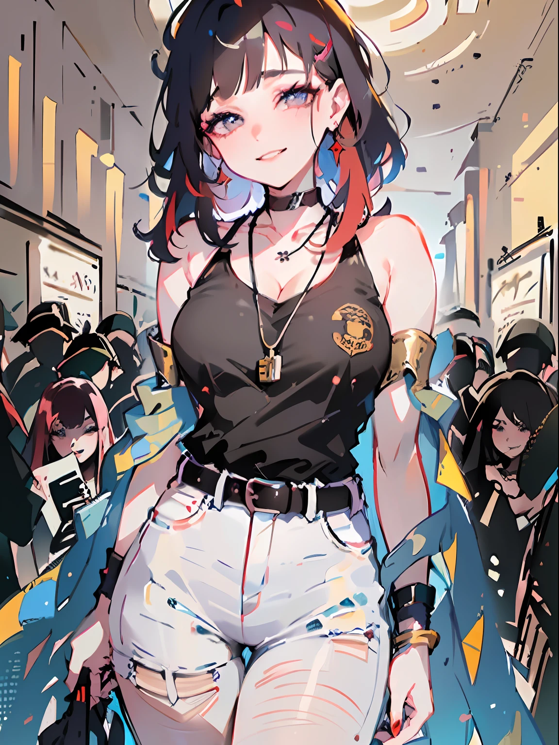 (masterpiece:1.2), (best quality:1.2), perfect eyes, perfect face, perfect lighting, 1boy, mature female, smiling, long red hair, straight hair, sophisticated haircut, stylish, single bare shoulder shirt long, music band print, jewelry, necklace, earrings, armlets, lacey choker, belt, low cut black jeans, thick eyelashes, makeup, eyeshadow, detailed mall background, crowd