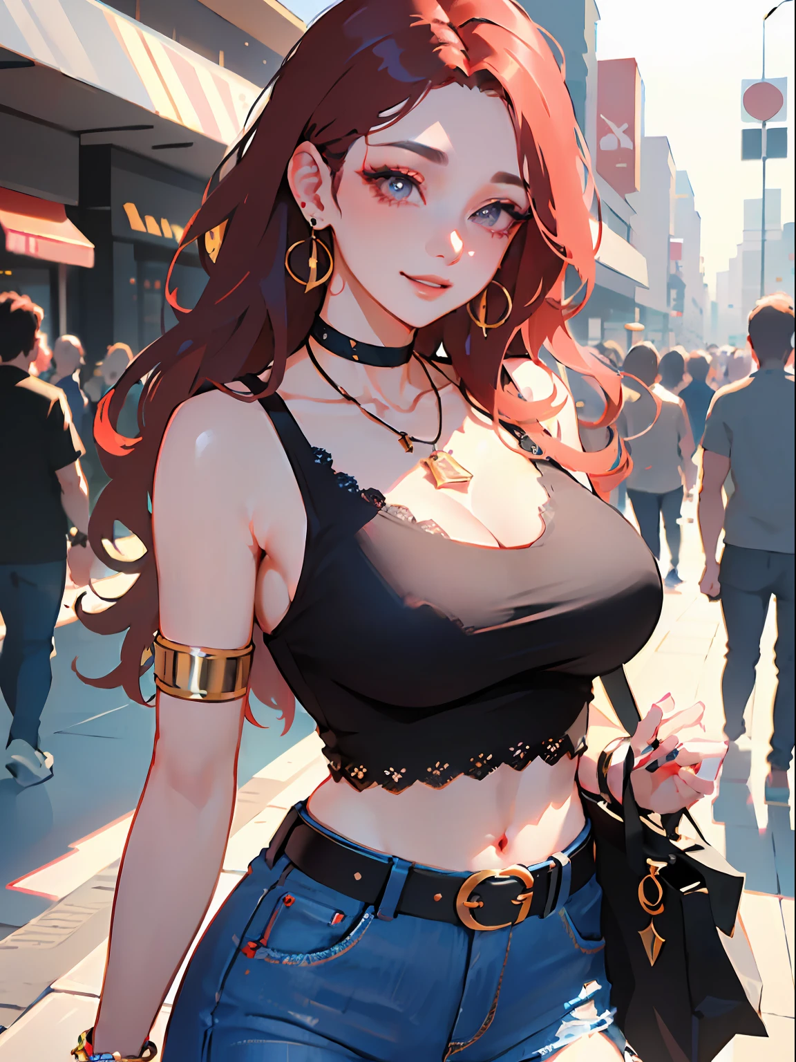 (masterpiece:1.2), (best quality:1.2), perfect eyes, perfect face, perfect lighting, 1boy, mature female, smiling, long red hair, straight hair, sophisticated haircut, stylish, single bare shoulder shirt long, music band print, jewelry, necklace, earrings, armlets, lacey choker, belt, low cut black jeans, thick eyelashes, makeup, eyeshadow, detailed mall background, crowd