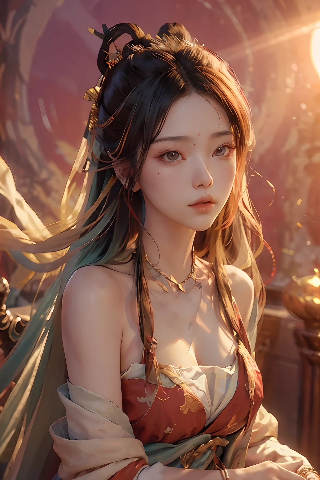 nsfw，（RAW photos，best qualtiy），（realisticlying，photograph realistic：1.3），best qualtiy，highly  detailed，tmasterpiece，ultra - detailed，illustratio，1girll，upper_body，dynamic angle，Masterpiece Theatre of the World，messy_long_hair，best qualtiy，the Extremely Detailed CG Unity 8K Wallpapers，ink，astounding，cinmatic lighting，lens_flare，dunhuang_style，s the perfect face，delicated face，eye detailed，Milky skin，Dusk background（Red sunset，1.5），Ancient China，Gentle and mature，Draped with hair