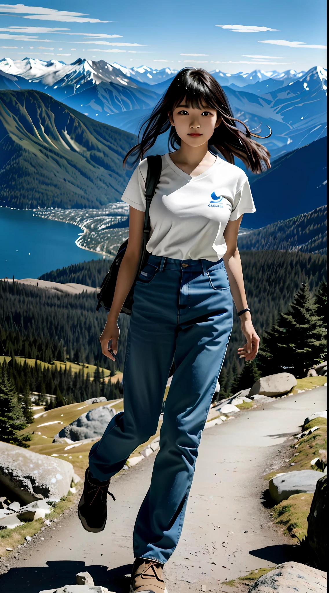 (masterpiece, top quality, 8K wallpaper, high resolution, ultra-realistic), 1girl, solo, full body composition from afar, slender figure: 1.1, (beautiful face like a doll: 1.5), beautiful face, beautiful eyes, detailed face, detailed eyes, detailed nose, detailed mouth, (long hair in the wind: 1.5), (bangs: 1.5), black eyes, mountain girl style, backpacker, mountaineer, mountain view from the top of the mountain, Walking on a mountain trail, (self-portrait: 1.5) T-shirt, long pants, climbing, wearing trekking boots, natural landscape photos; mountain climbing; spectacular summer mountain scenery with rugged mountain ranges in the distance, with a wonderful contrast of blue sky and white clouds. Camera = "Sony a7 IV";Lens="Tamron 28-200mm f/2.8-5.6 Di III RXD";" Aperture = f/6.3";" Shutter speed = 1/1600 sec";" ISO=100";