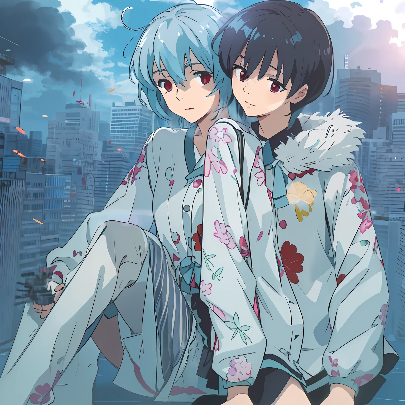 (校服),Student Couple,Rei Ayanami(Blue-haired、red eyes),Shinji Ikari(A dark-haired),Couples without height difference,Scene of holding hands