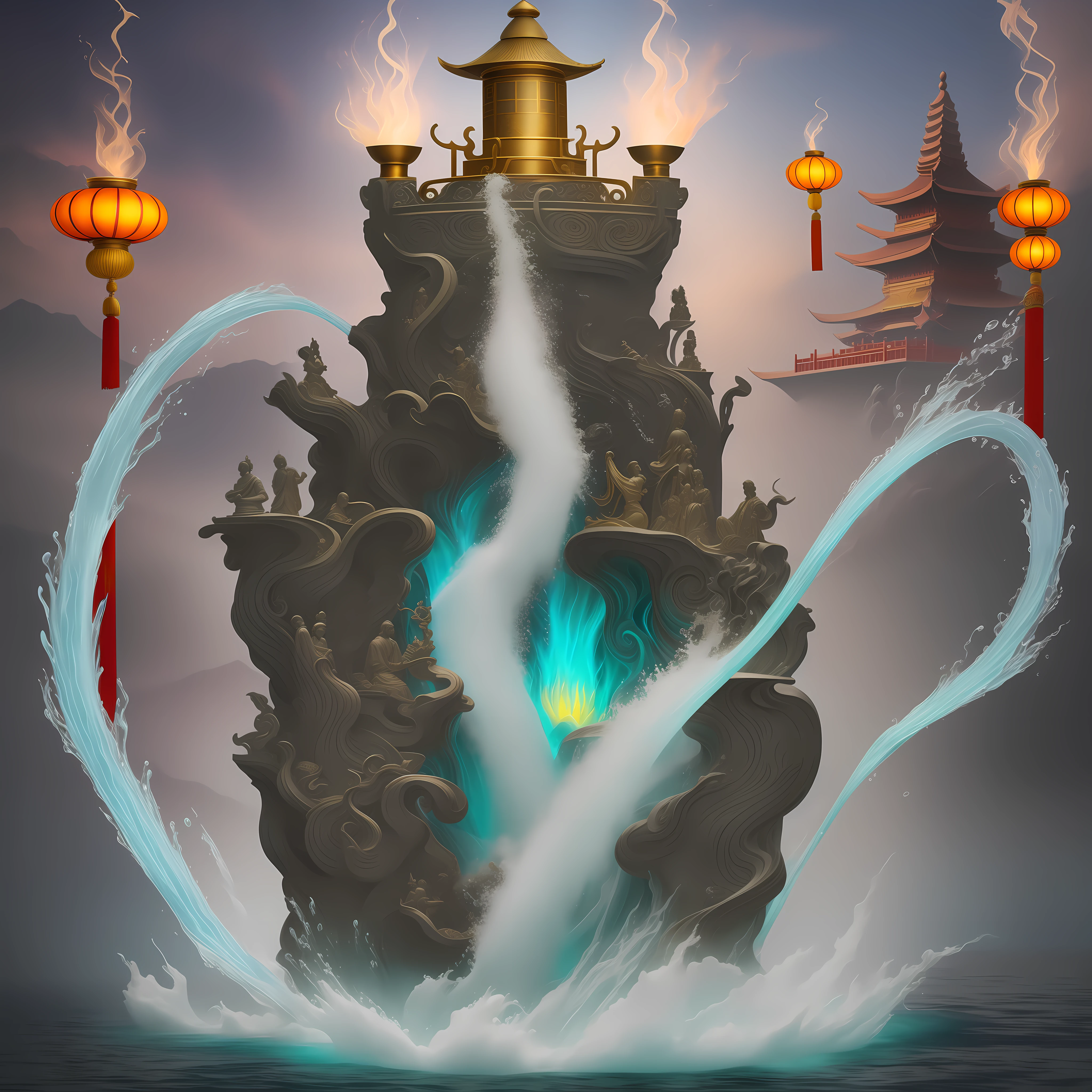 Melting pot statue, Holy Grail of Honor, Wonderful magic boils in the clang, Chinese fantasy, the god of the sea,fantasy，A powerful whirlpool blooms in the ding， water powers water swirling, Chinese fantasy colors，Alchemy furnace，mandara，Wanhua incinerator，Bloom colorful luminous core，surreal water art, In a mysterious scene