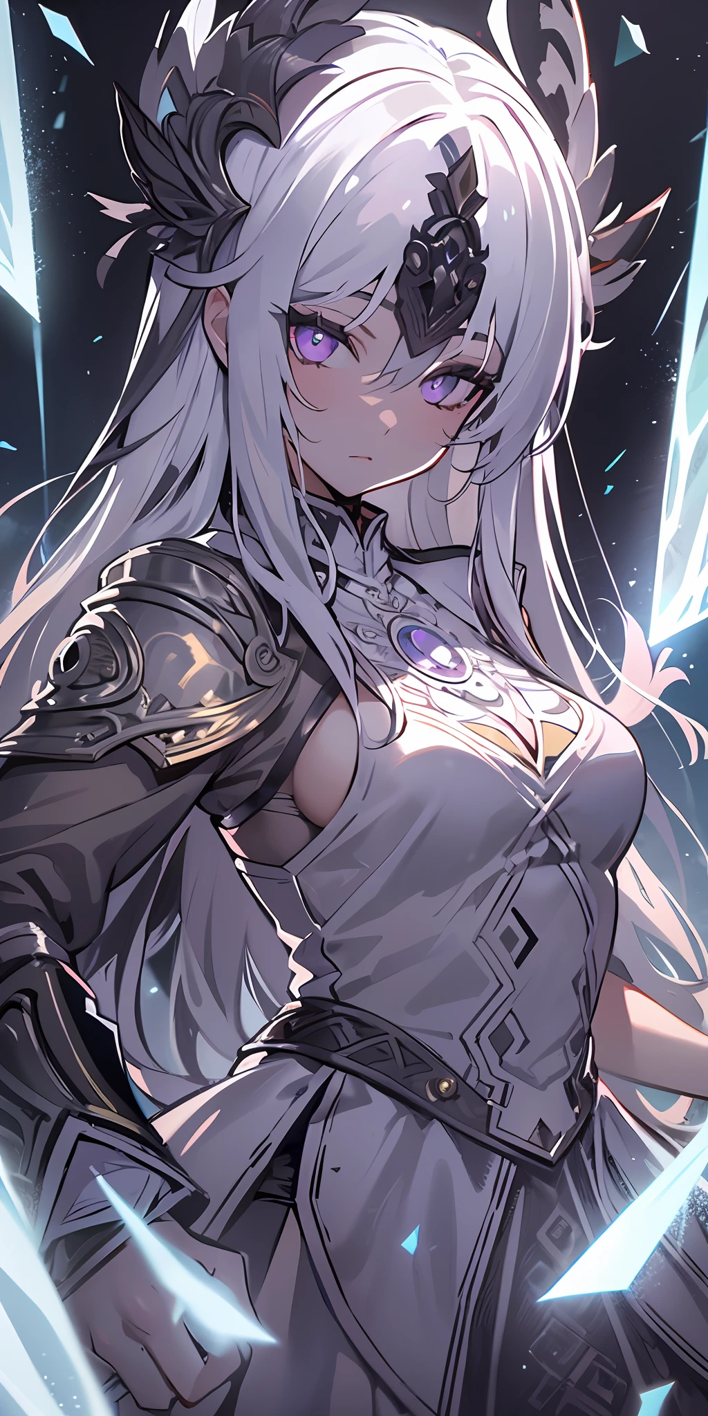 (masterpiece, best quality, ultra-detailed, best shadow), (detailed background,dark fantasy), (beautiful detailed face), high contrast, (best illumination, an extremely delicate and beautiful), ((cinematic light)), colorful, hyper detail, dramatic light, intricate details, (1girl, solo,white hair, sharp face,purple eyes, hair between eyes,dynamic angle), blood splatter, swirling black light around the character, depth of field,black light particles,(broken glass),magic circle, goddess armor, god, beautiful, wielding lightning sword,