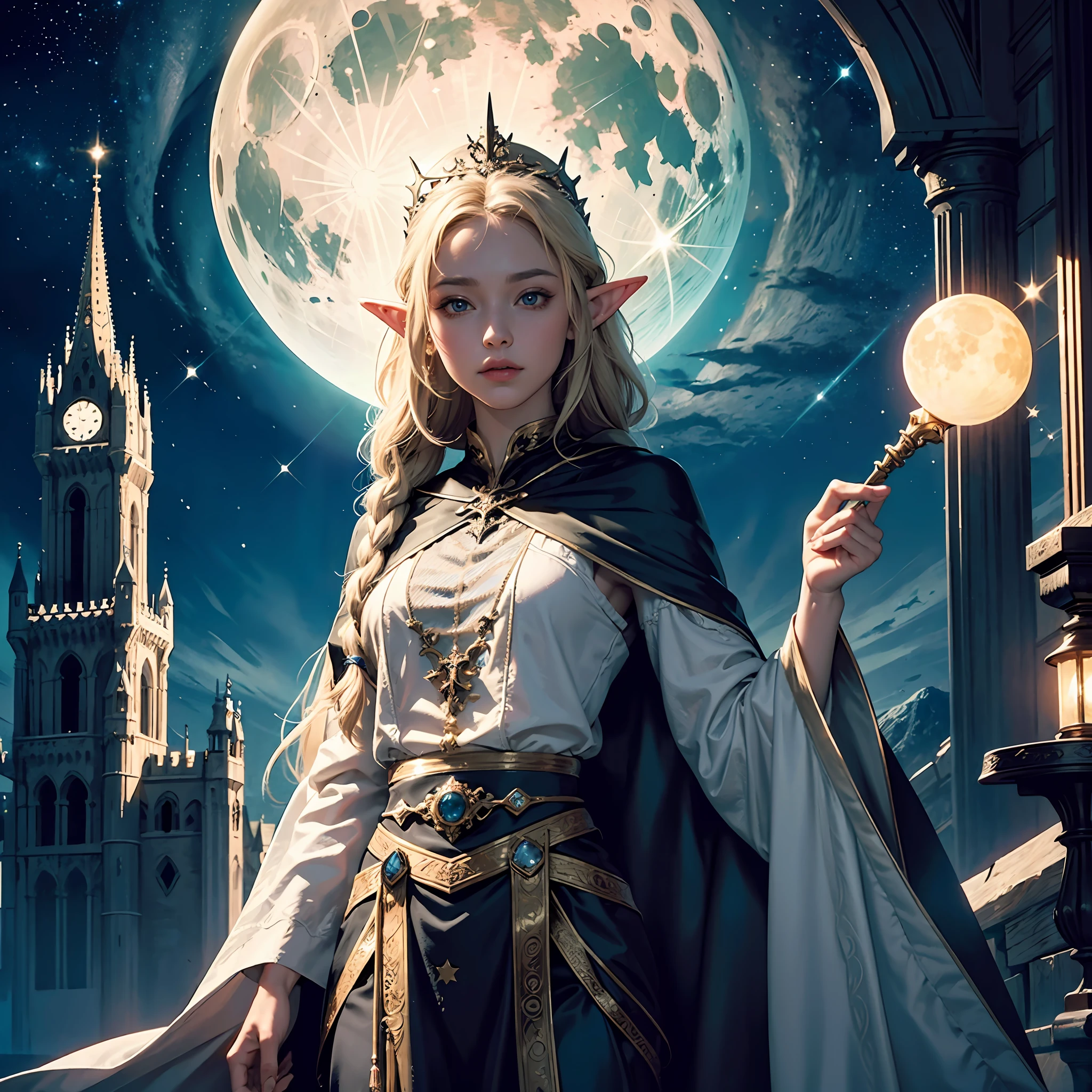 8k, ultra detailed, masterpiece, best quality, (extremely detailed), dynamic angle, anatomically correct, an ultra wide angle picture of a female elf wizard in front of a magical tower (1.5 intricate details, Masterpiece, best quality), female elf (1.5 intricate details, Masterpiece, best quality), beautiful elf, RPG elf (1.5 intricate details, Masterpiece, best quality), holding a magic staff, magical lights and patterns(1.5 intricate details, Masterpiece, best quality), small pointed ears, blond hair, braided hair, magical tower ( 1.5, intense details, masterpiece), flowing robe, black robe with stars on it, (1.5 intricate details, Masterpiece, best quality). moon rays, stars, moon light, night time,