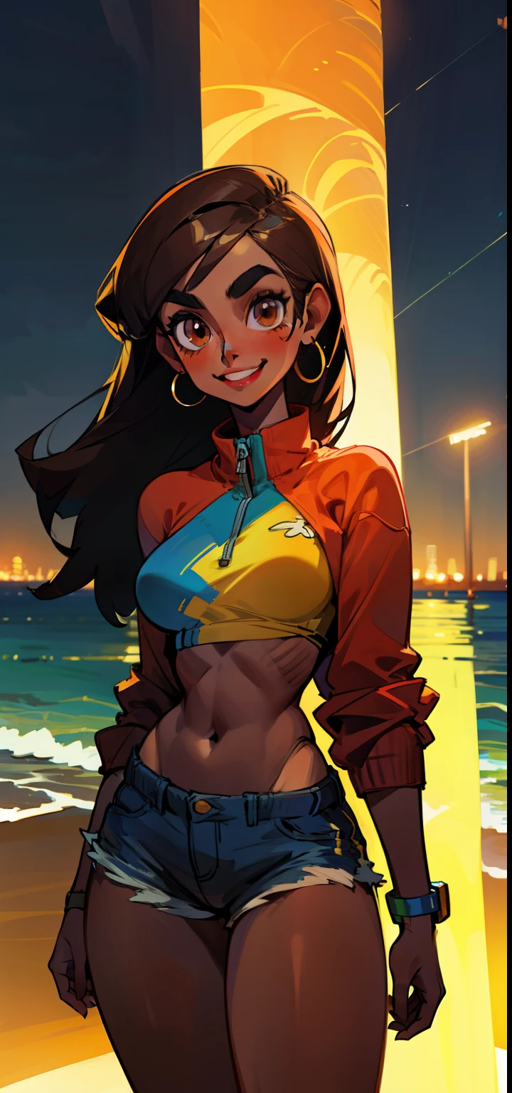 brazilian woman, dark skin, perfect brown eyes, details, ear, eyebrow, smiling, lips, long straight hair, printed sweatshirt, ripped open short shorts, thin waist, thick legs, thick thighs, background scenery, rio de janeiro ultra detailed, on the beach, night light, night, night day